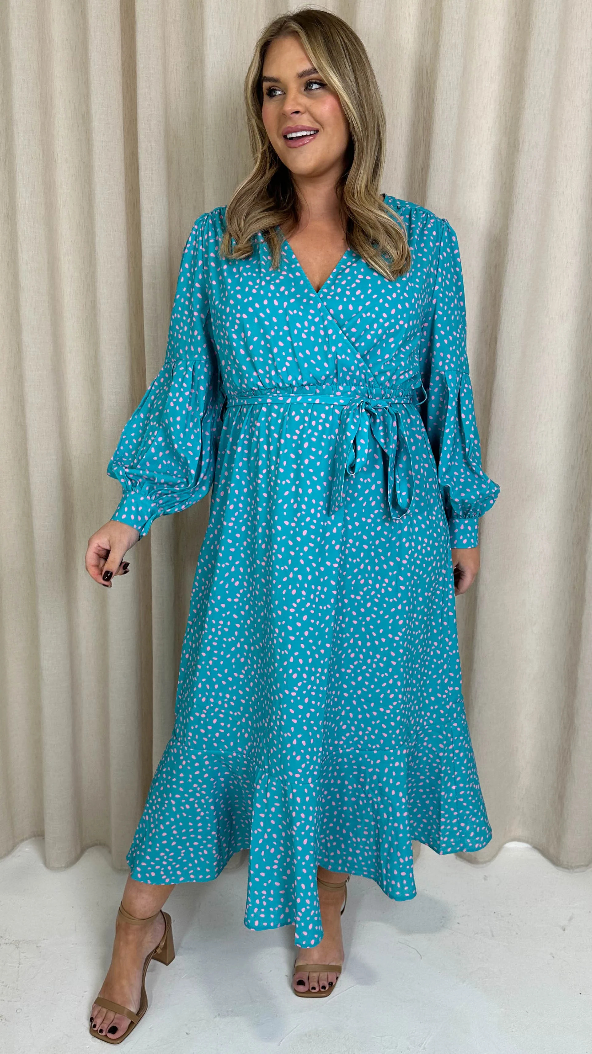 CurveWow Printed Wrap Dress Turquoise Pink Spot