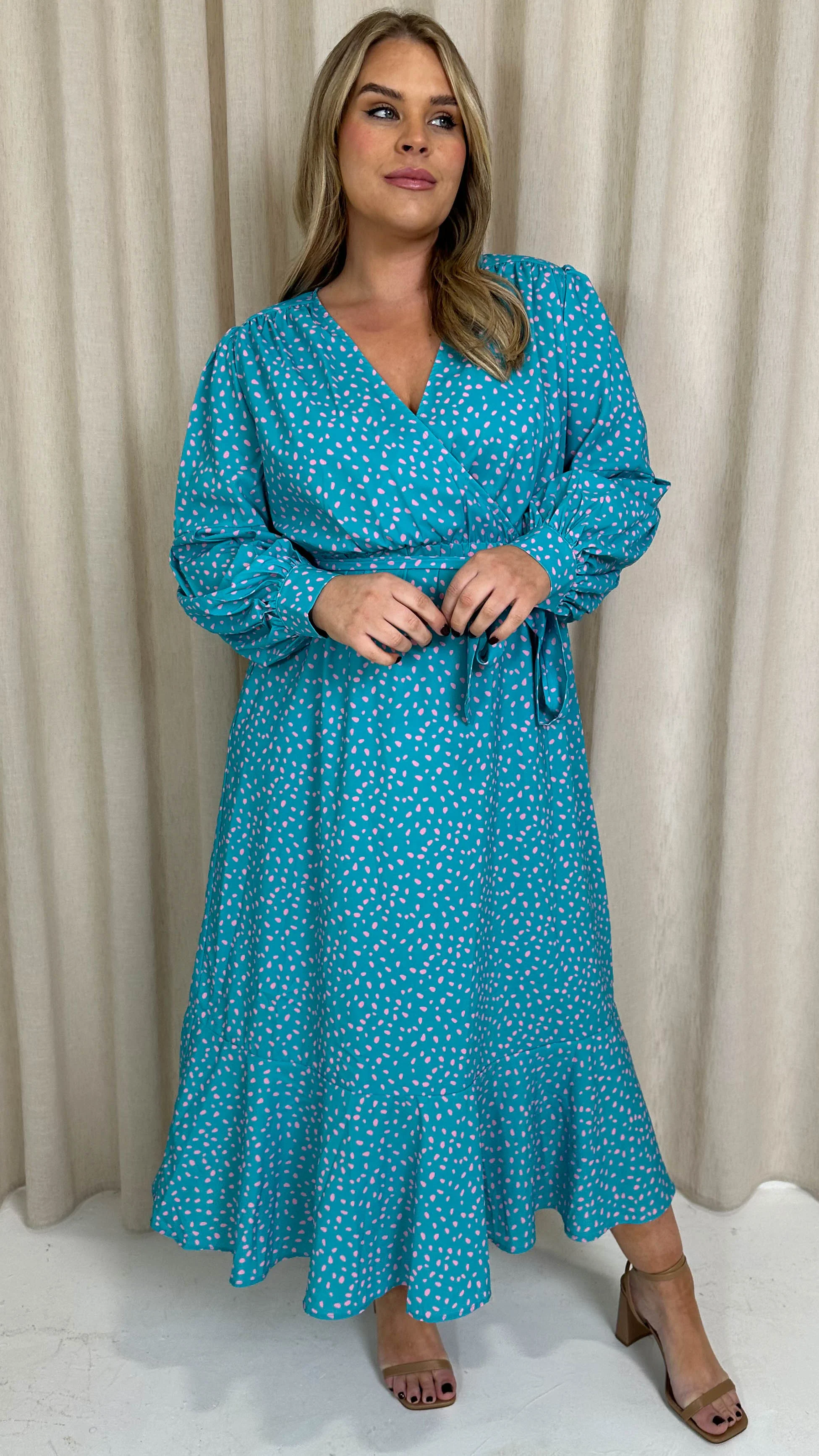 CurveWow Printed Wrap Dress Turquoise Pink Spot - Image 6