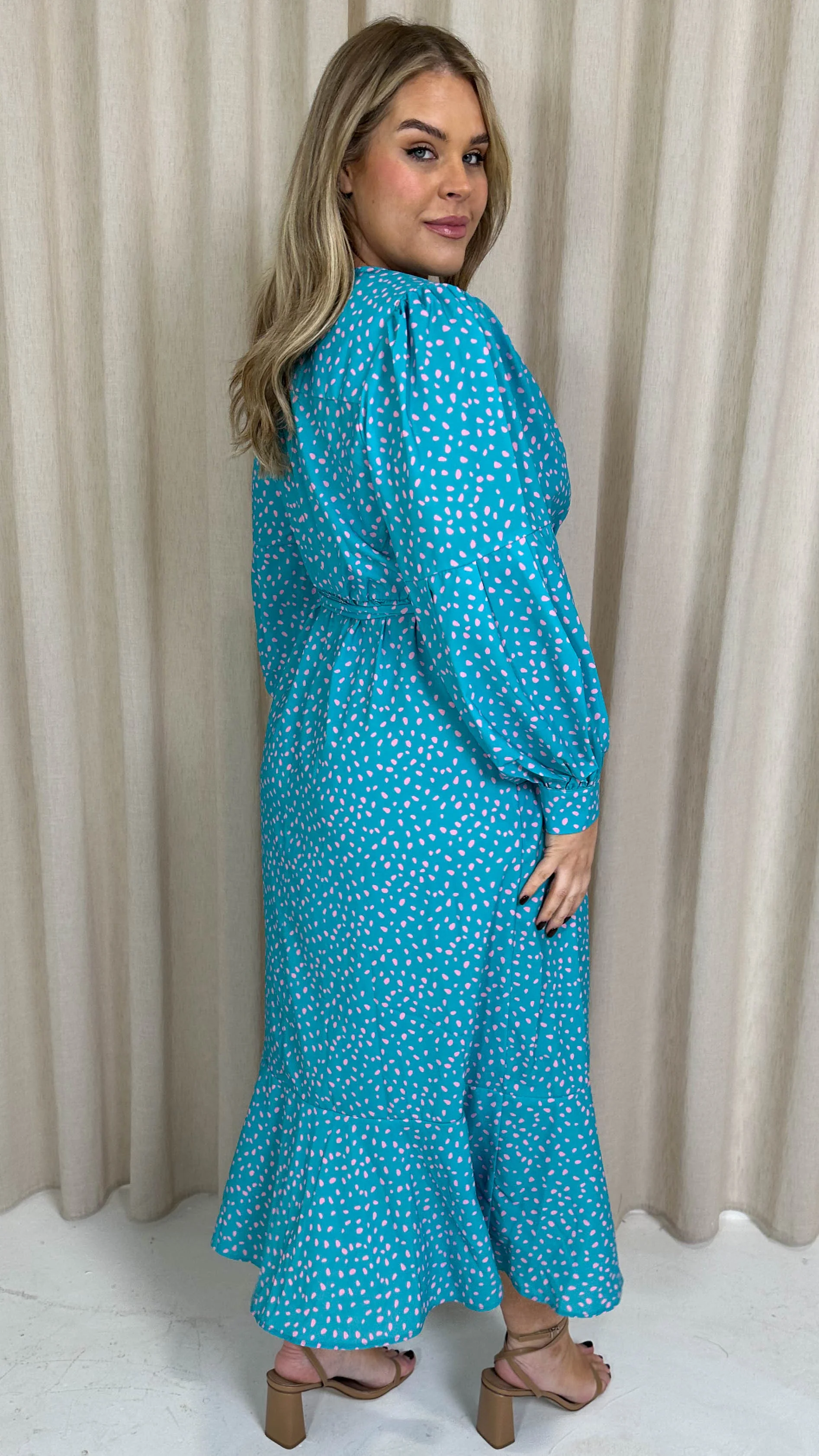 CurveWow Printed Wrap Dress Turquoise Pink Spot - Image 8