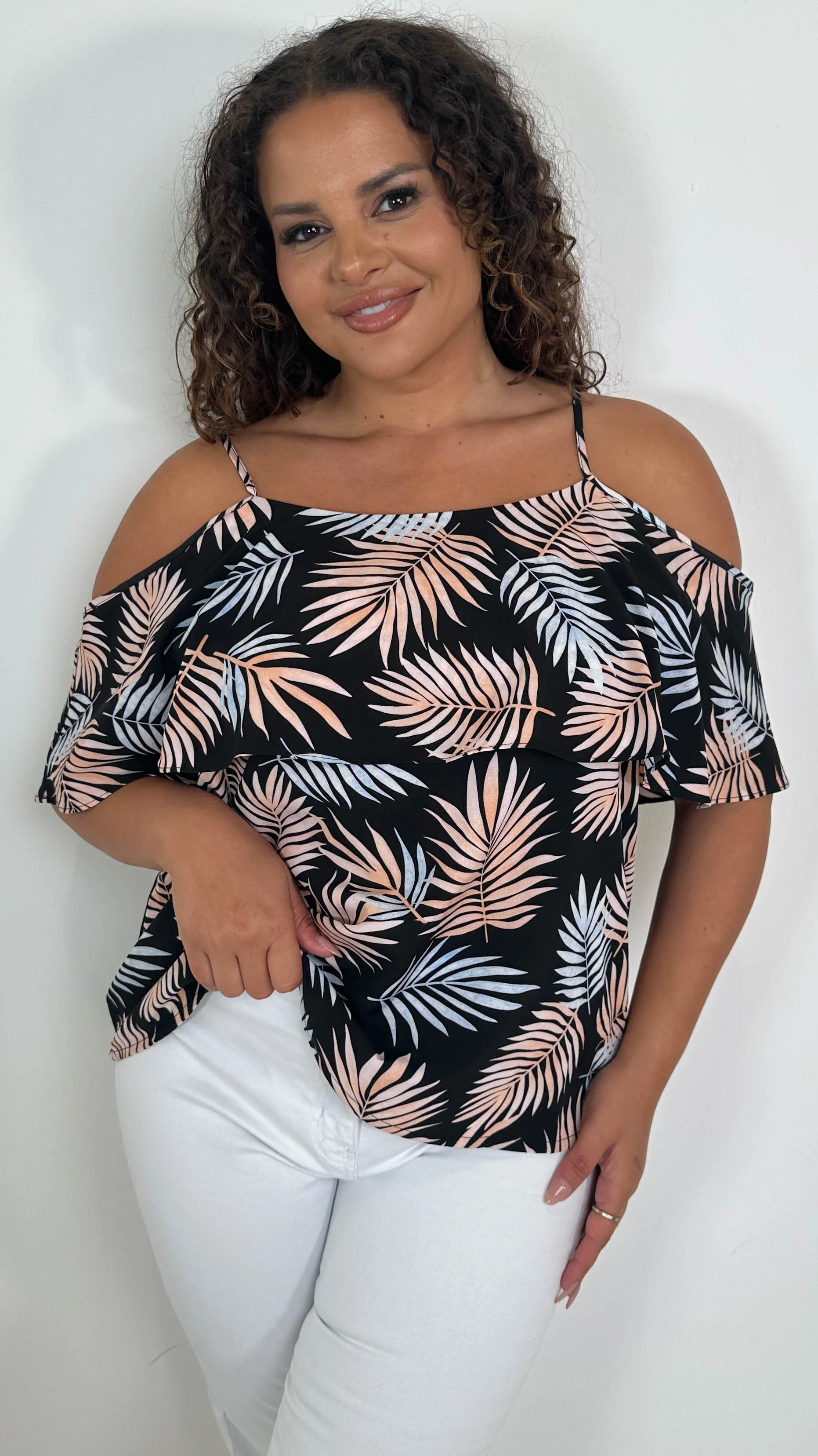 CurveWow Printed Frill Cold Shoulder Top Black/Pink Tropical - Image 5