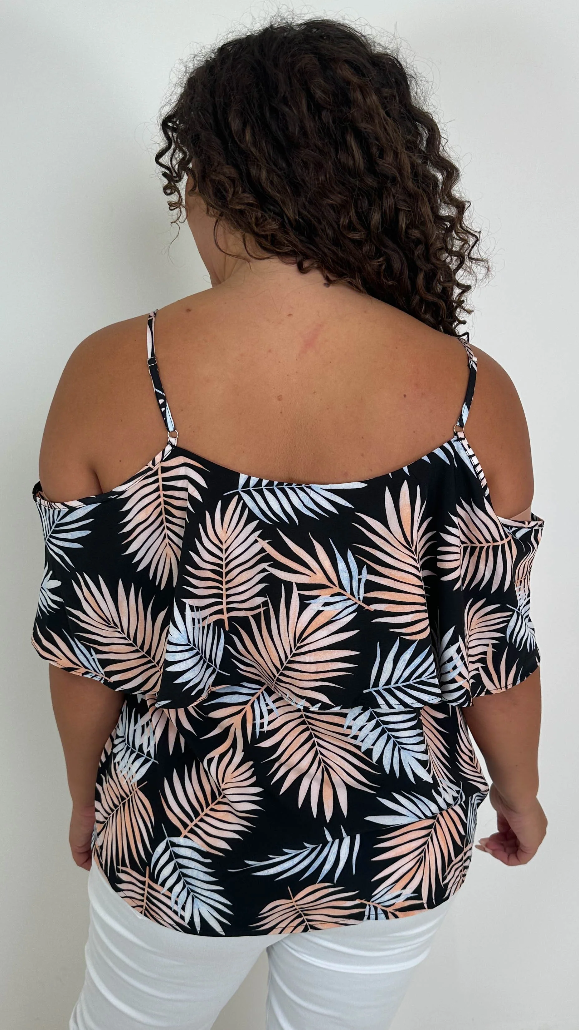 CurveWow Printed Frill Cold Shoulder Top Black/Pink Tropical - Image 8
