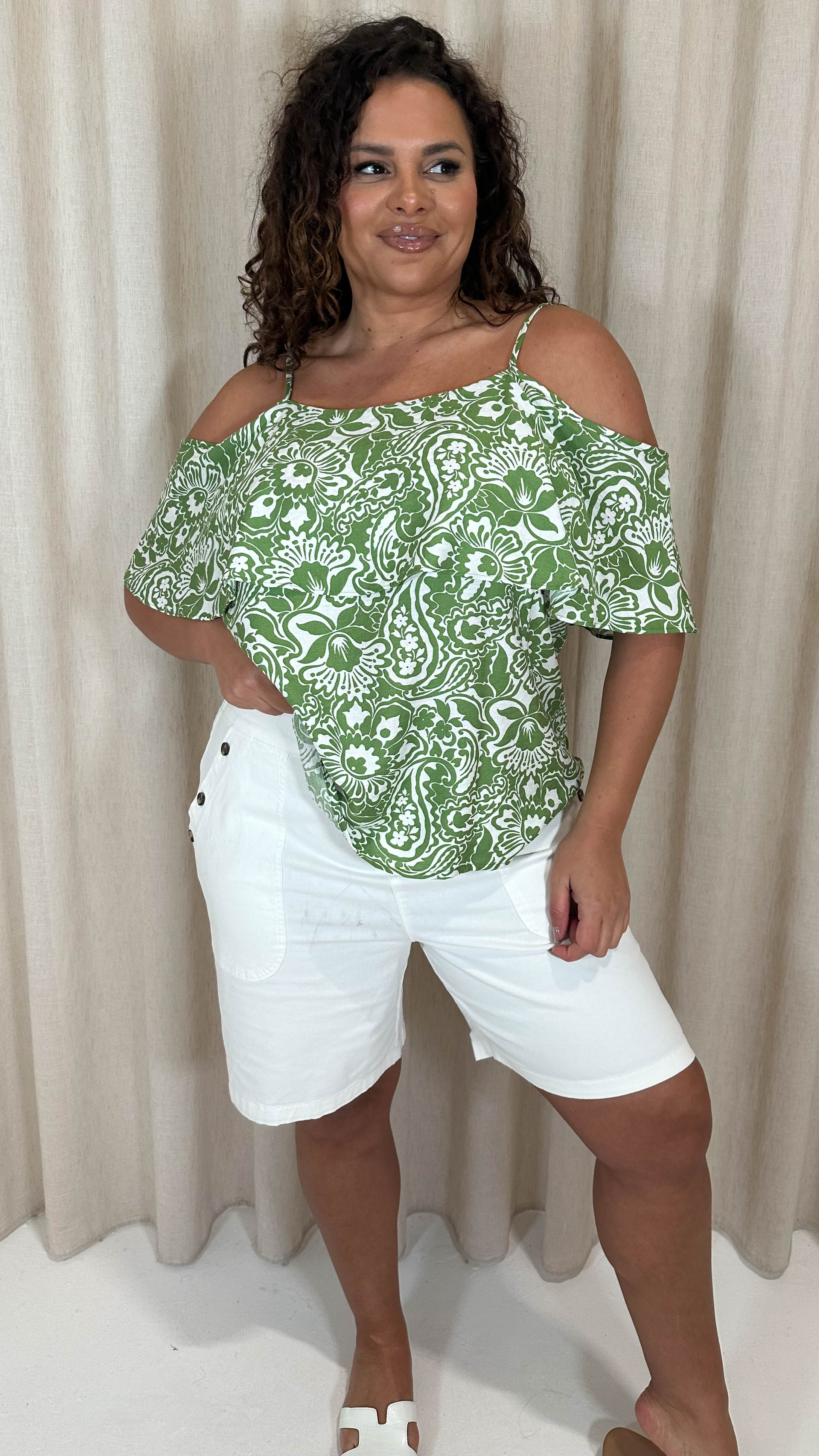 CurveWow Printed Frill Cold Shoulder Top Green Tile - Image 3