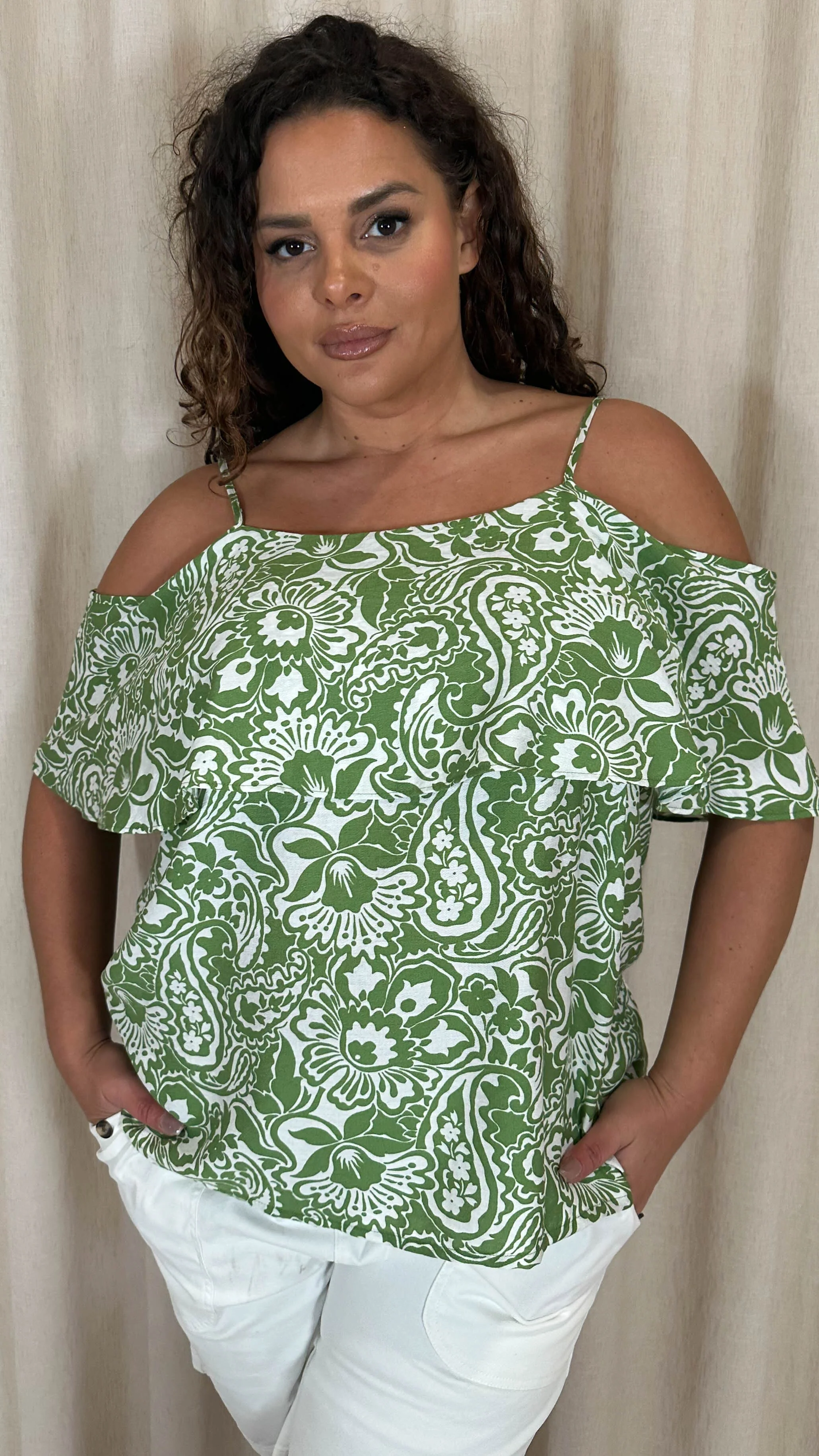 CurveWow Printed Frill Cold Shoulder Top Green Tile - Image 5