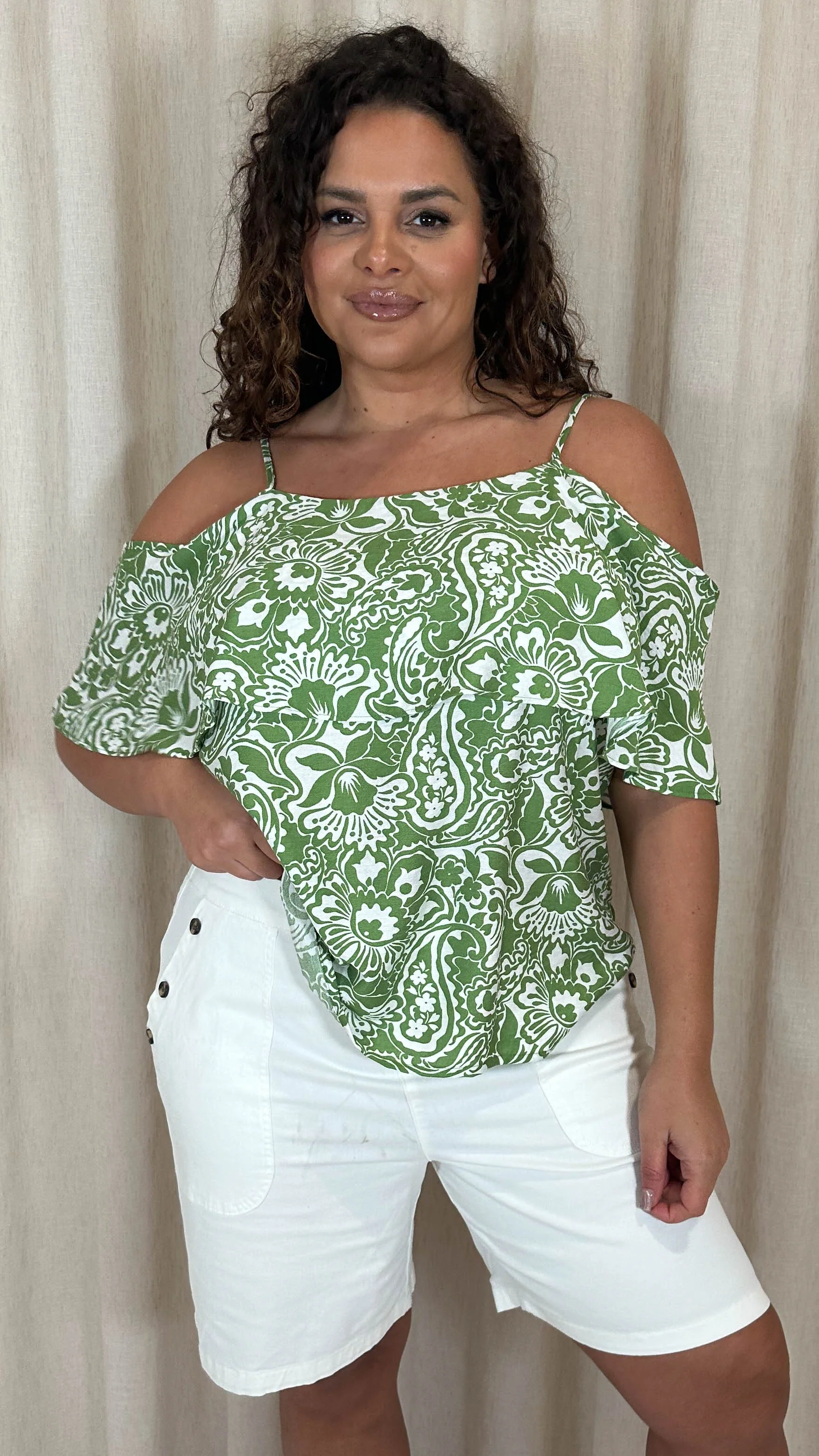 CurveWow Printed Frill Cold Shoulder Top Green Tile - Image 6