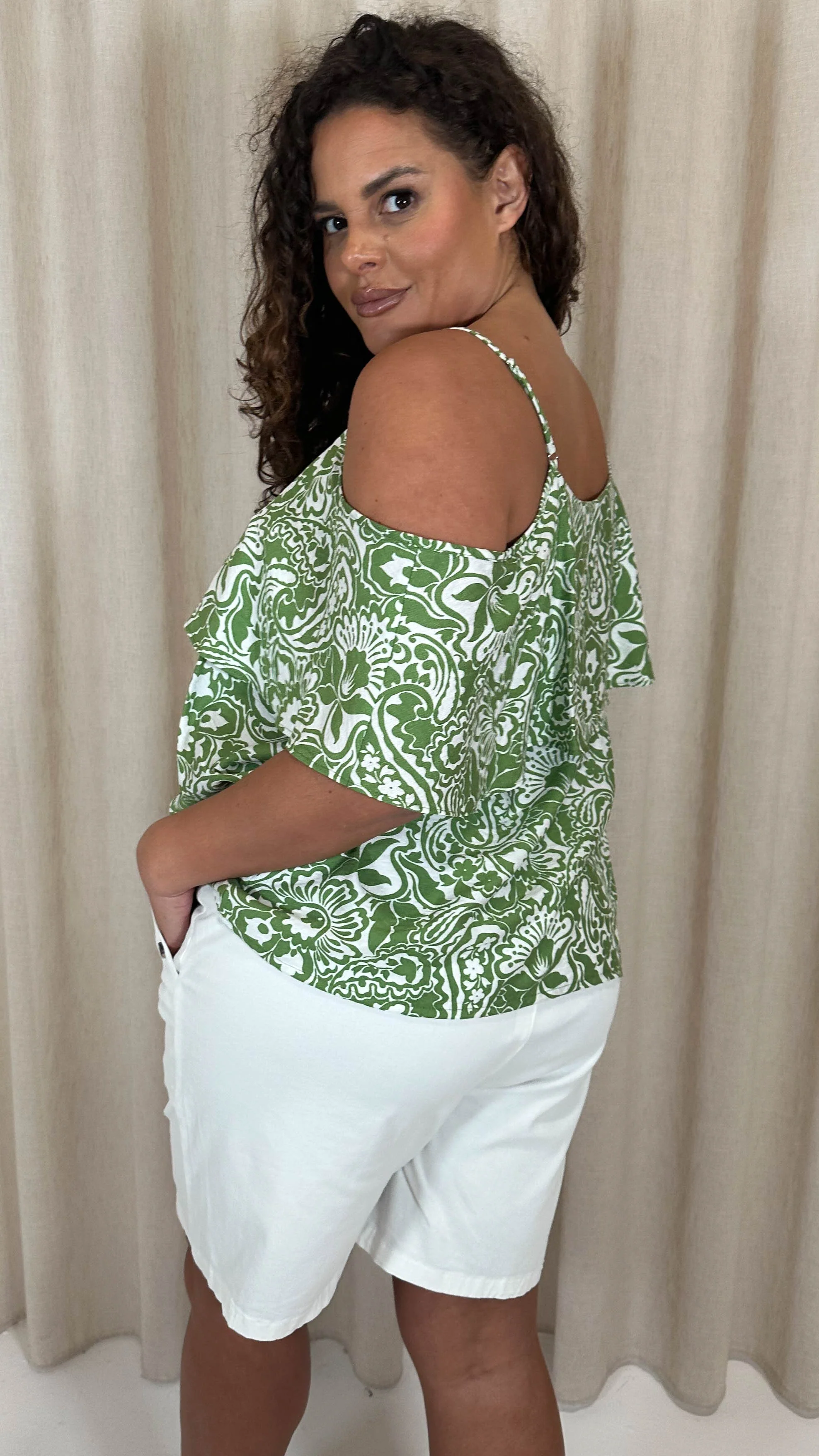 CurveWow Printed Frill Cold Shoulder Top Green Tile - Image 7