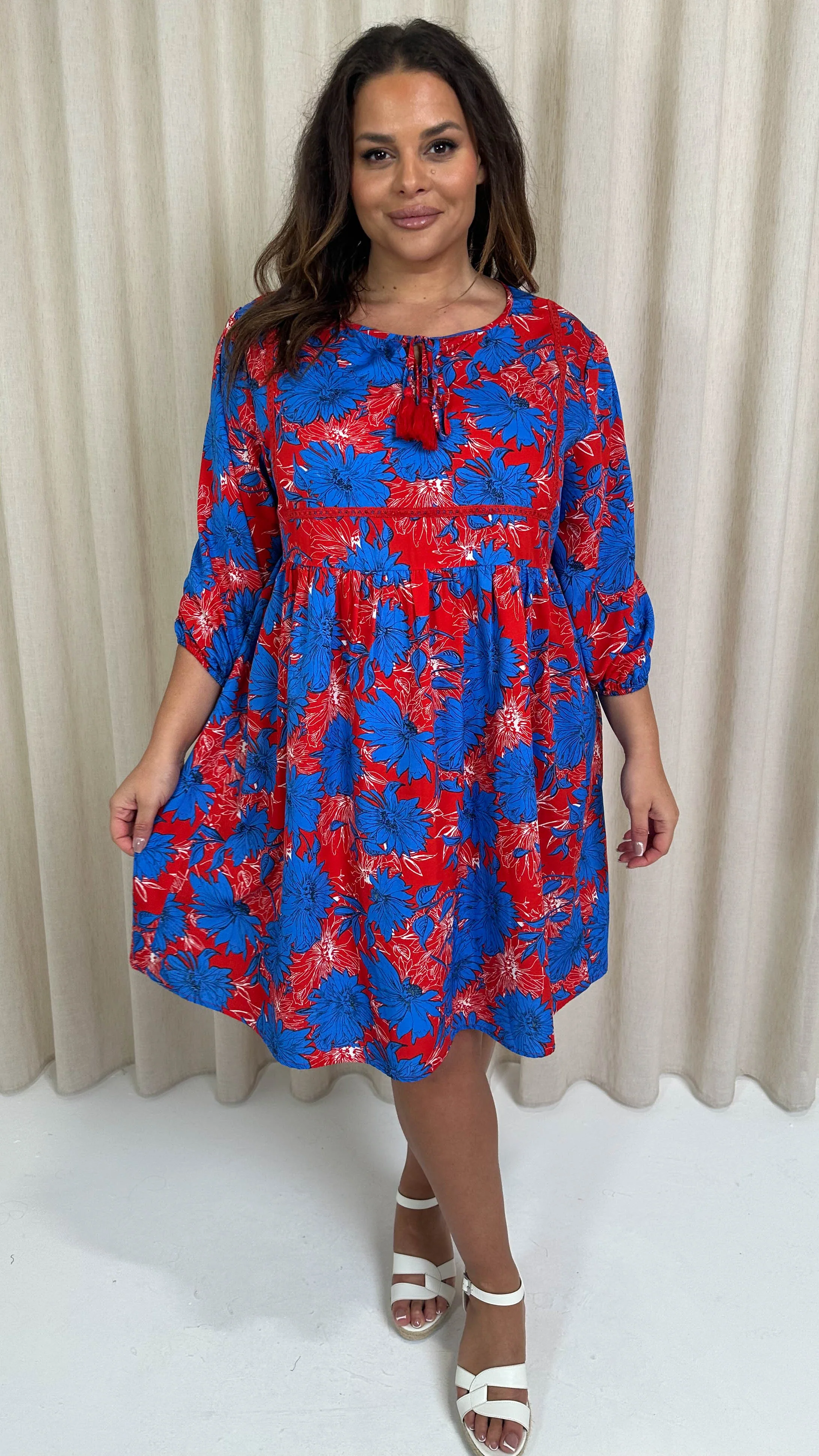 CurveWow Printed Lace Insert Smock Dress Blue/Red Floral - Image 7
