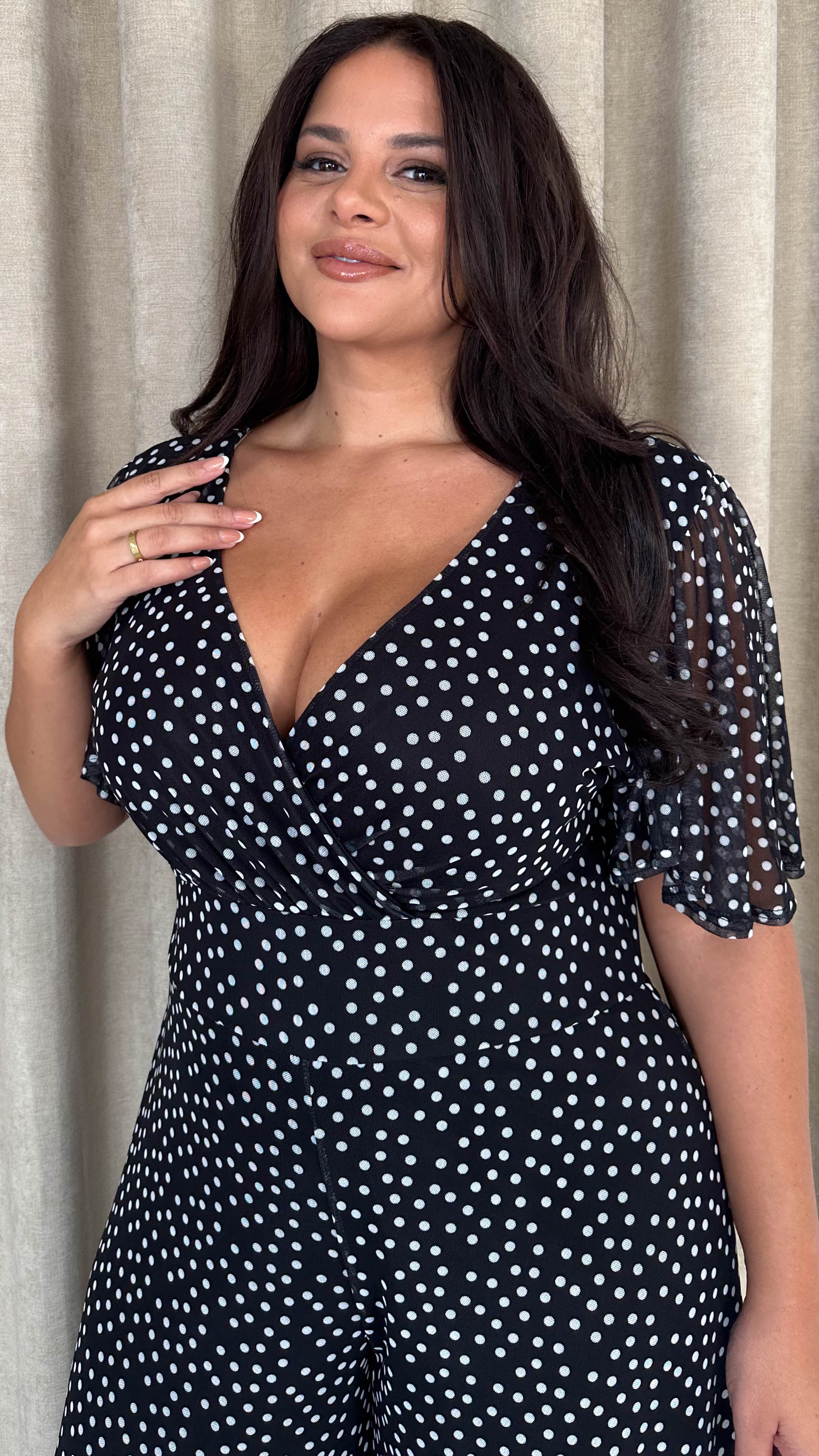 CurveWow Printed Mesh Angel Sleeve Wideleg Jumpsuit Spot - Image 2