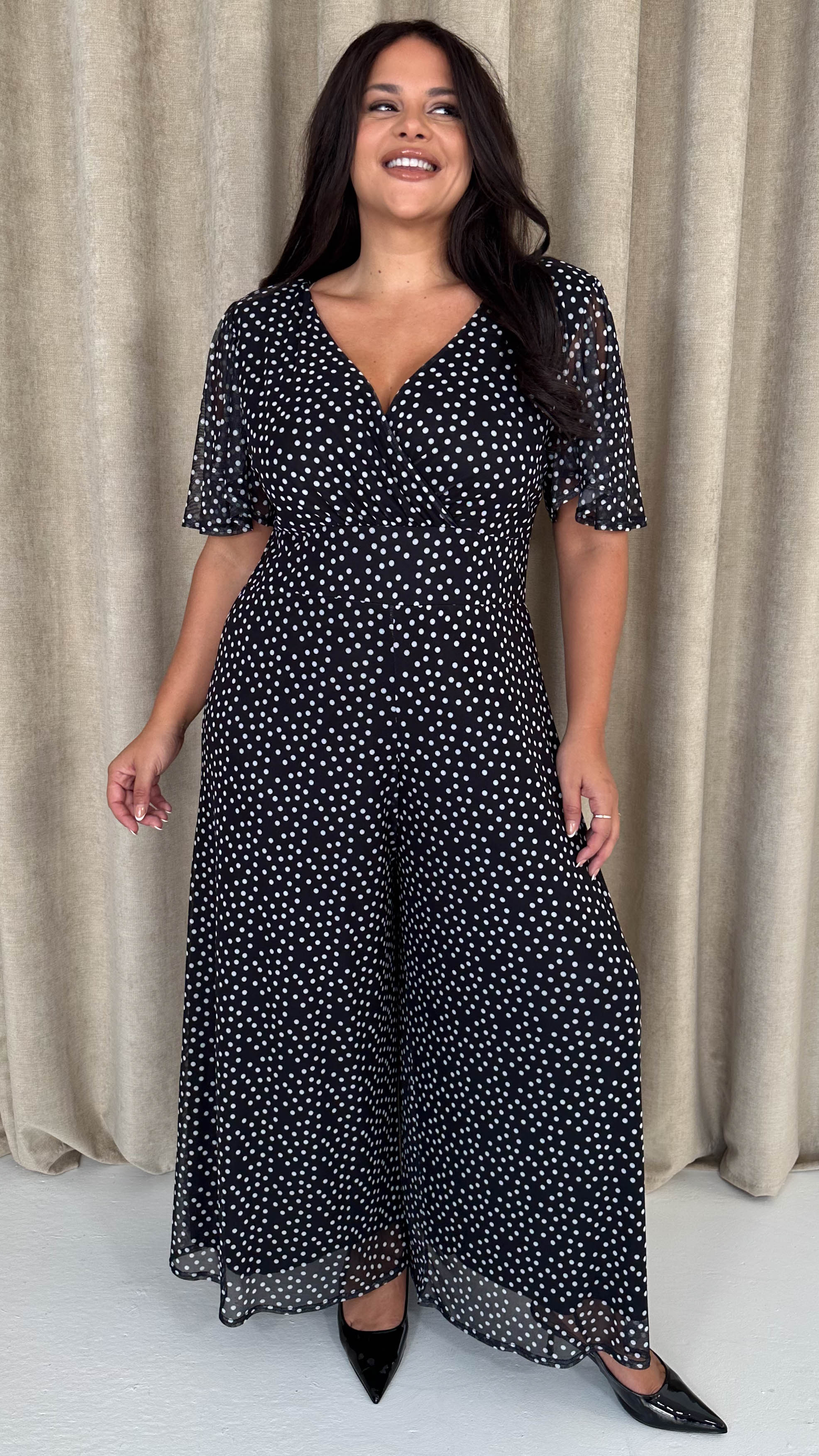 CurveWow Printed Mesh Angel Sleeve Wideleg Jumpsuit Spot - Image 3