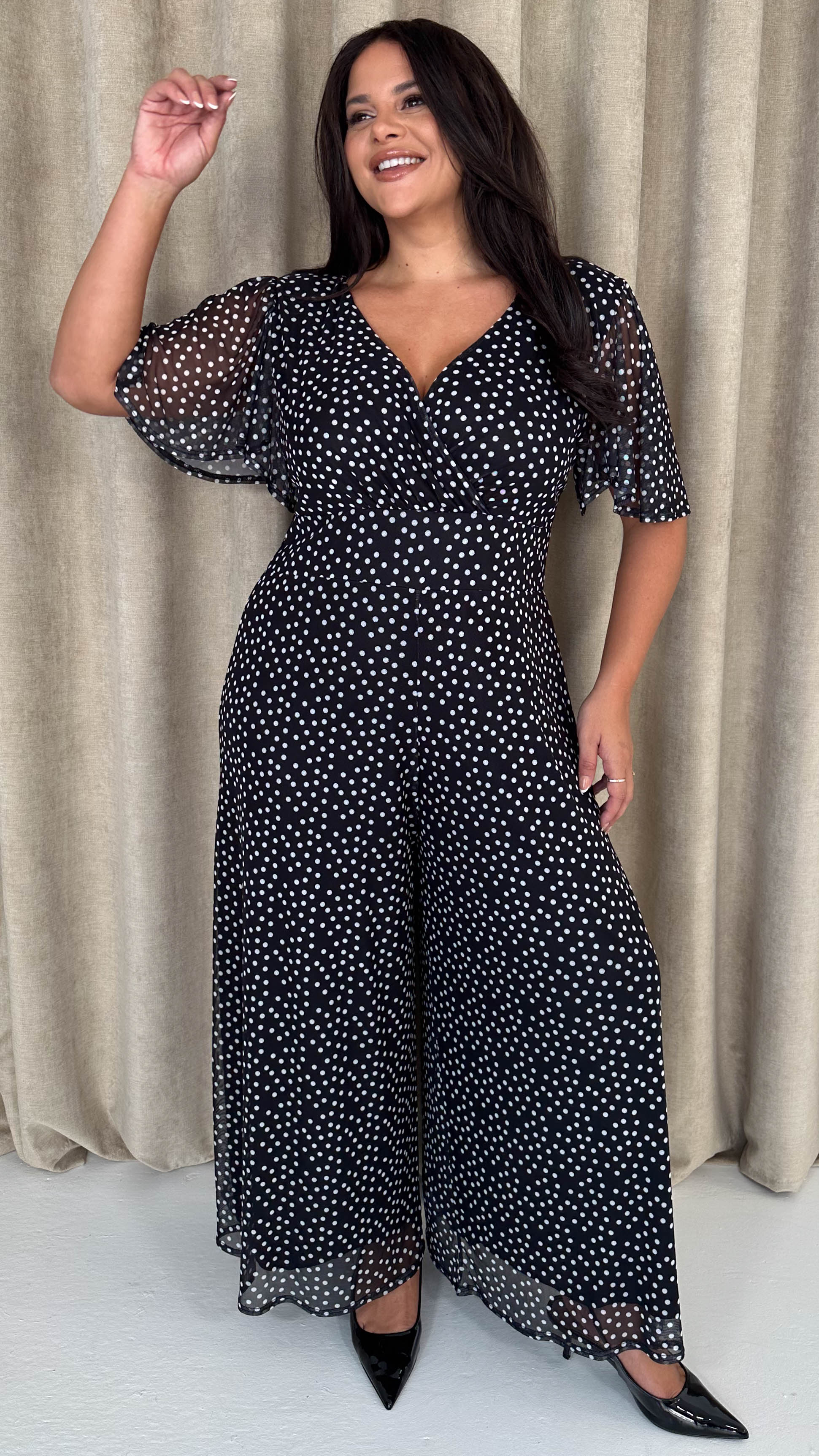 CurveWow Printed Mesh Angel Sleeve Wideleg Jumpsuit Spot - Image 4