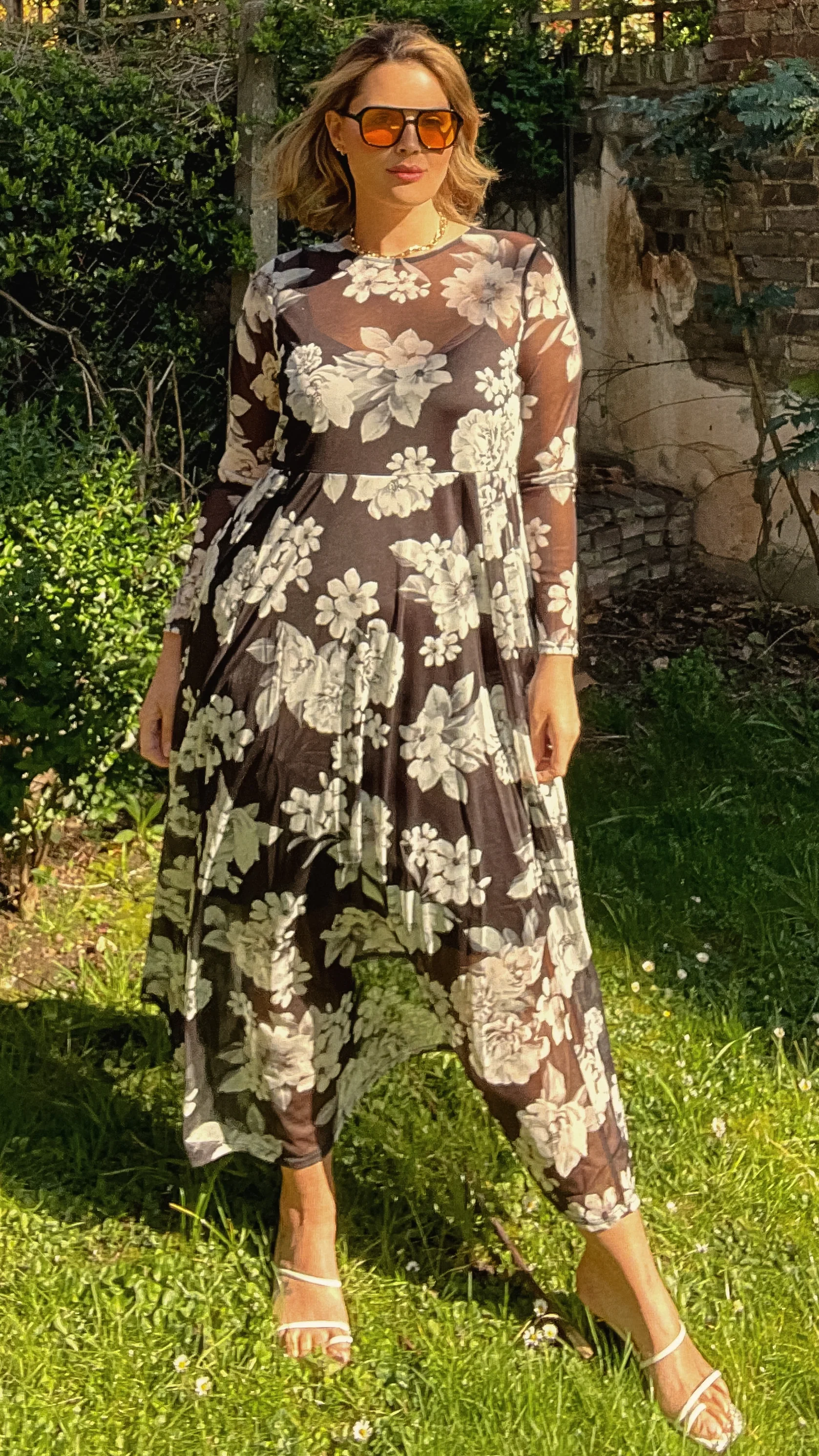CurveWow Printed Mesh Maxi Dress Black White Floral