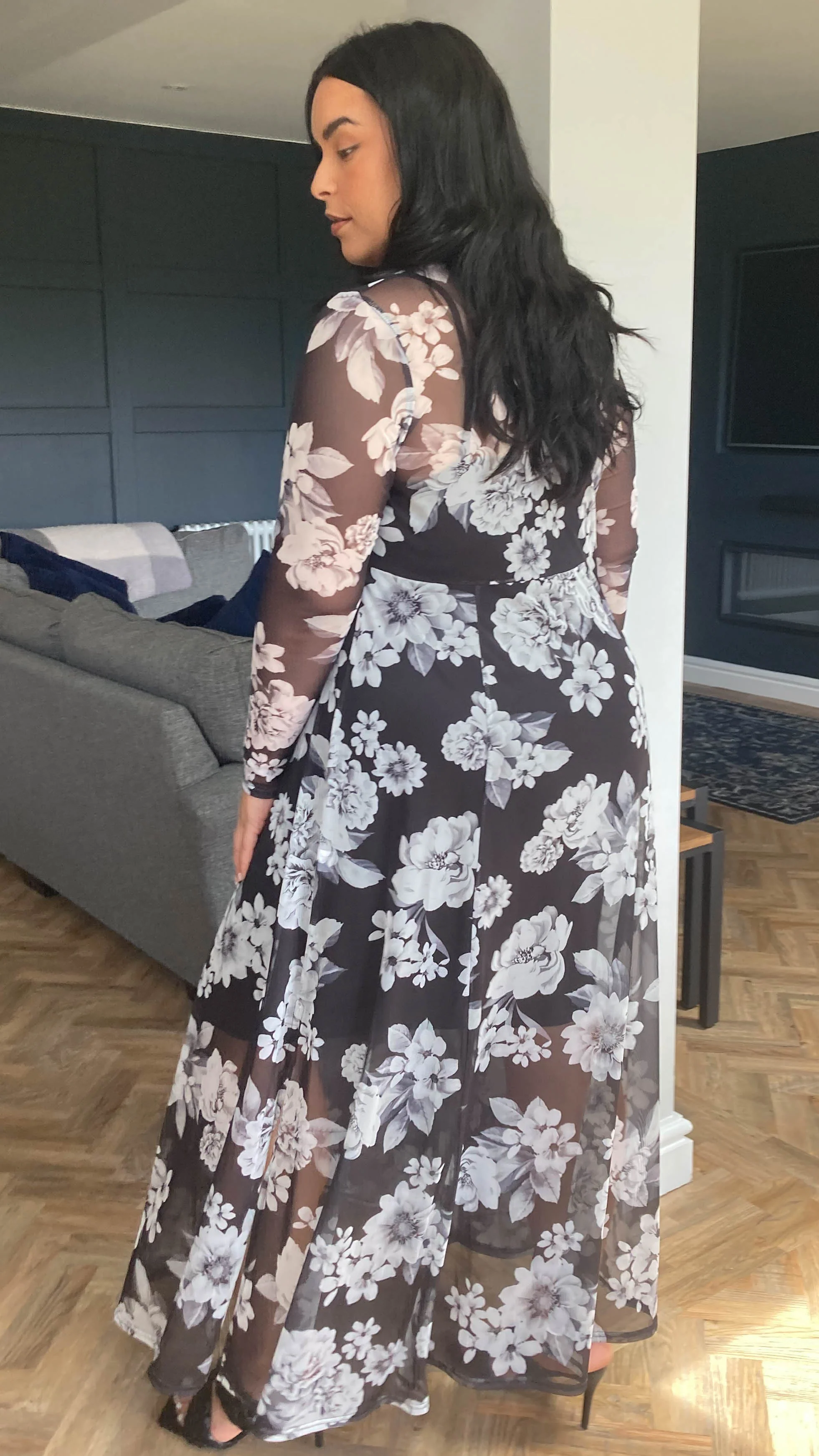 CurveWow Printed Mesh Maxi Dress Black White Floral - Image 10