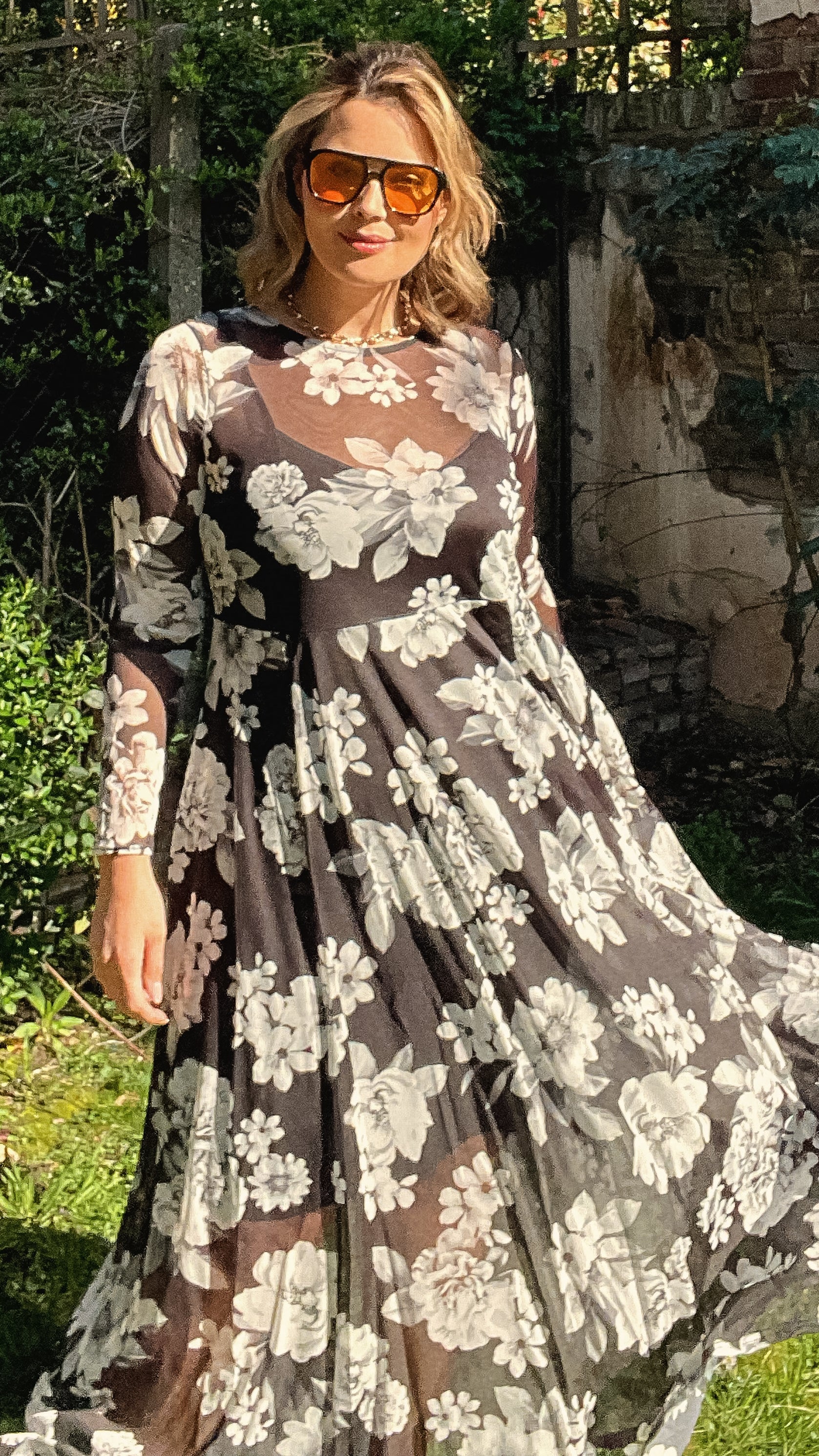 CurveWow Printed Mesh Maxi Dress Black White Floral - Image 3