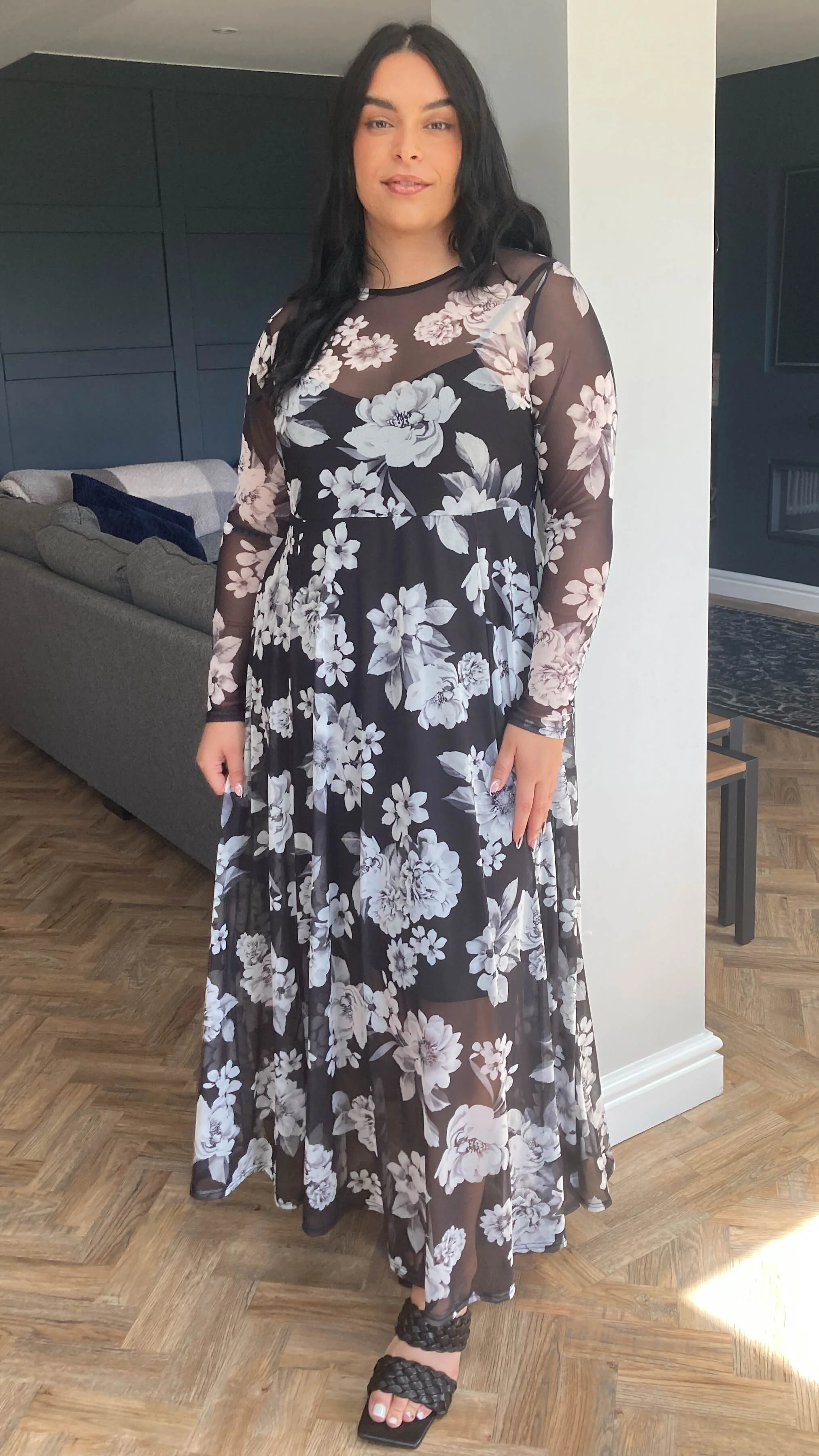 CurveWow Printed Mesh Maxi Dress Black White Floral - Image 8