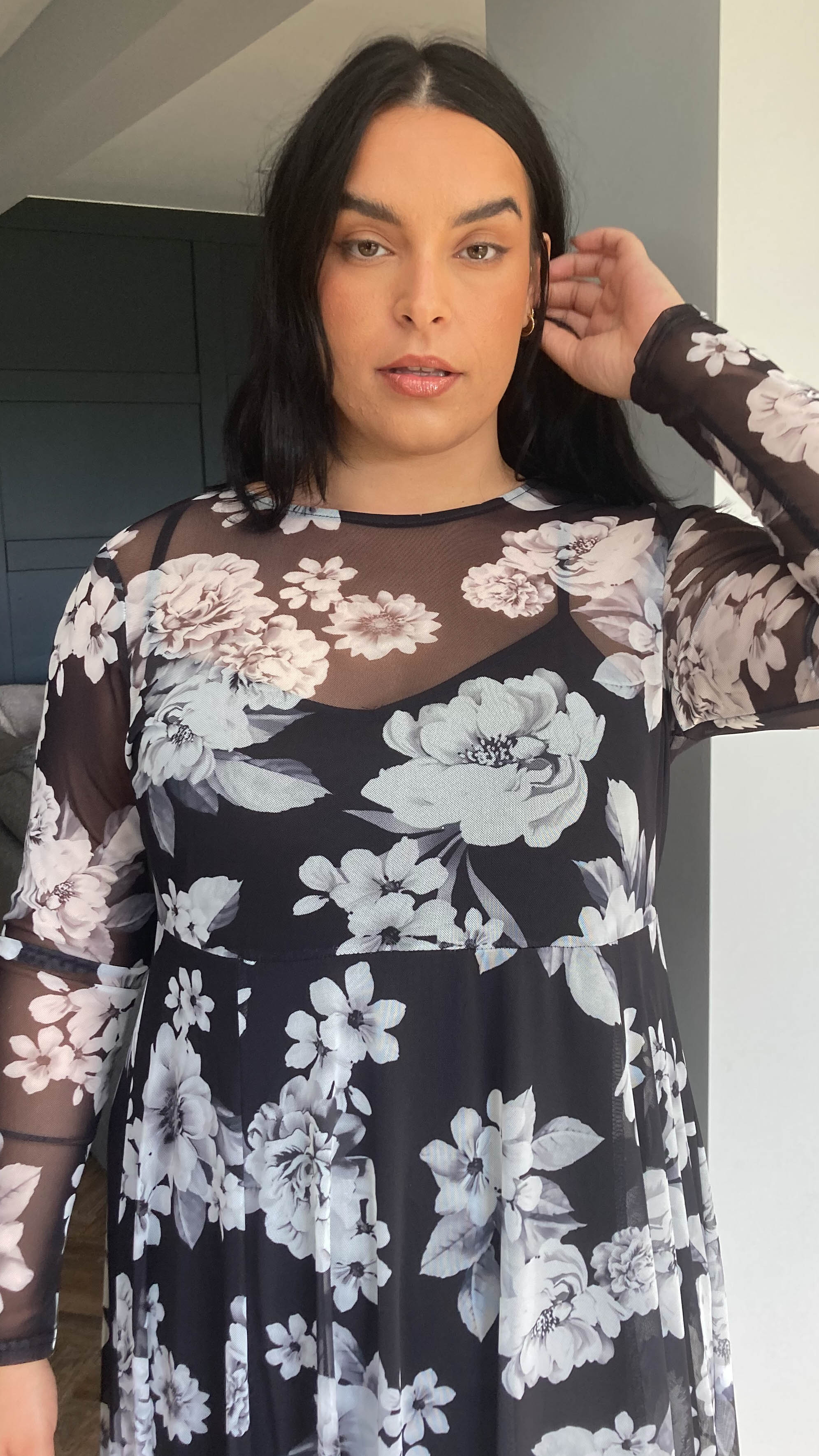 CurveWow Printed Mesh Maxi Dress Black White Floral - Image 9