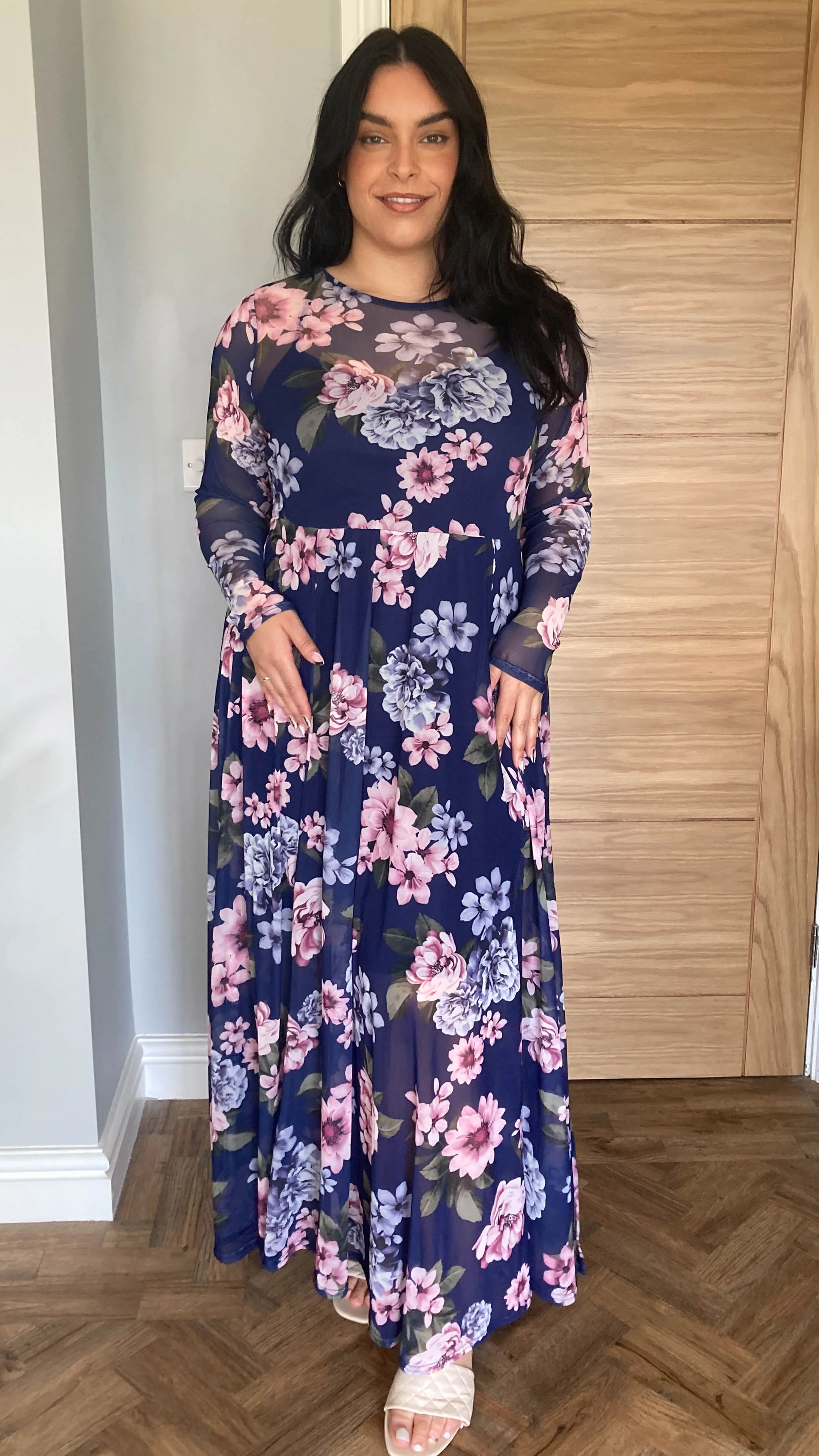 CurveWow Printed Mesh Maxi Dress Navy & Pink Floral