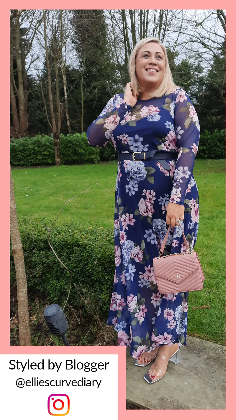 CurveWow Printed Mesh Maxi Dress Navy & Pink Floral - Image 2