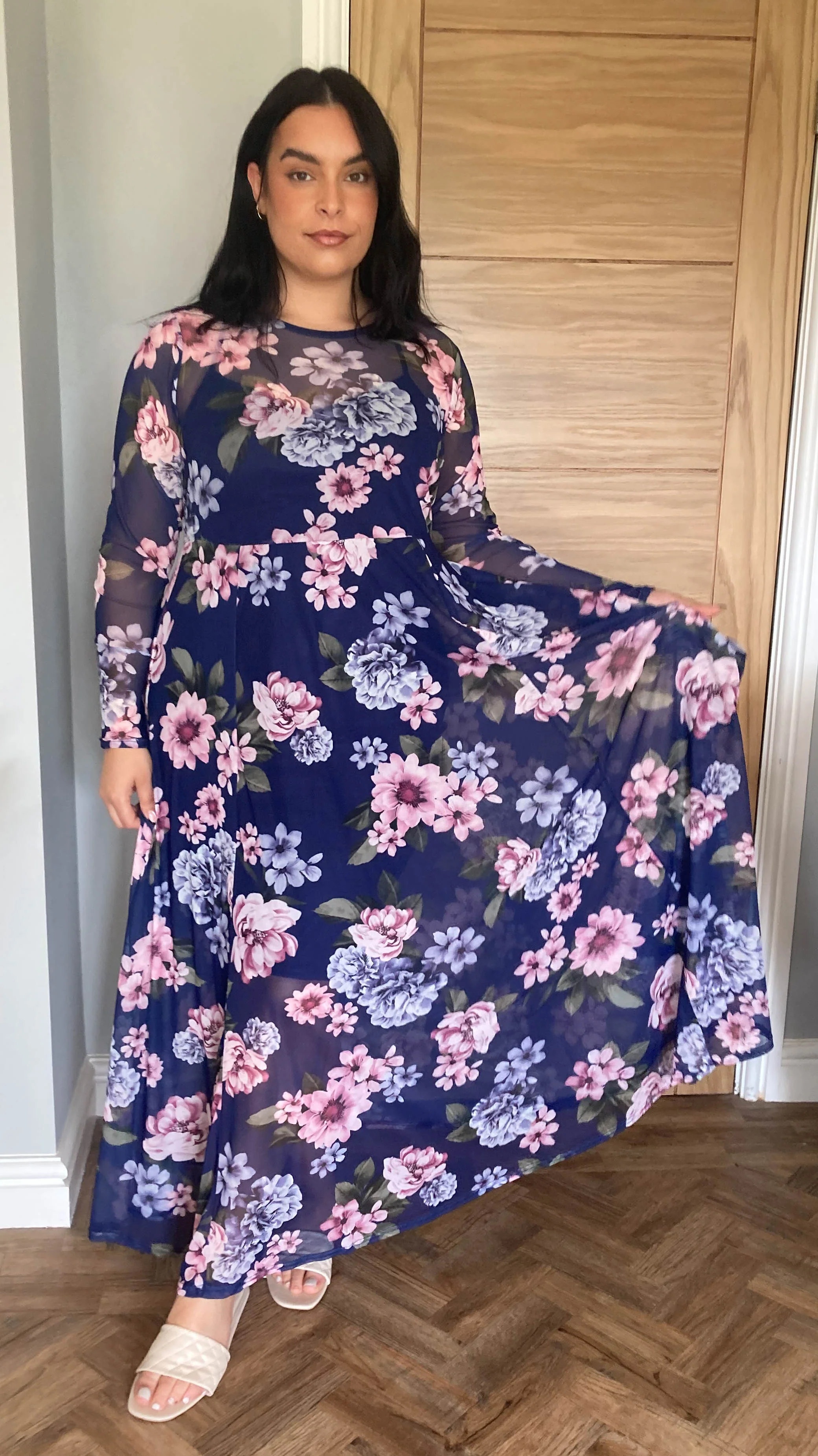 CurveWow Printed Mesh Maxi Dress Navy & Pink Floral - Image 6