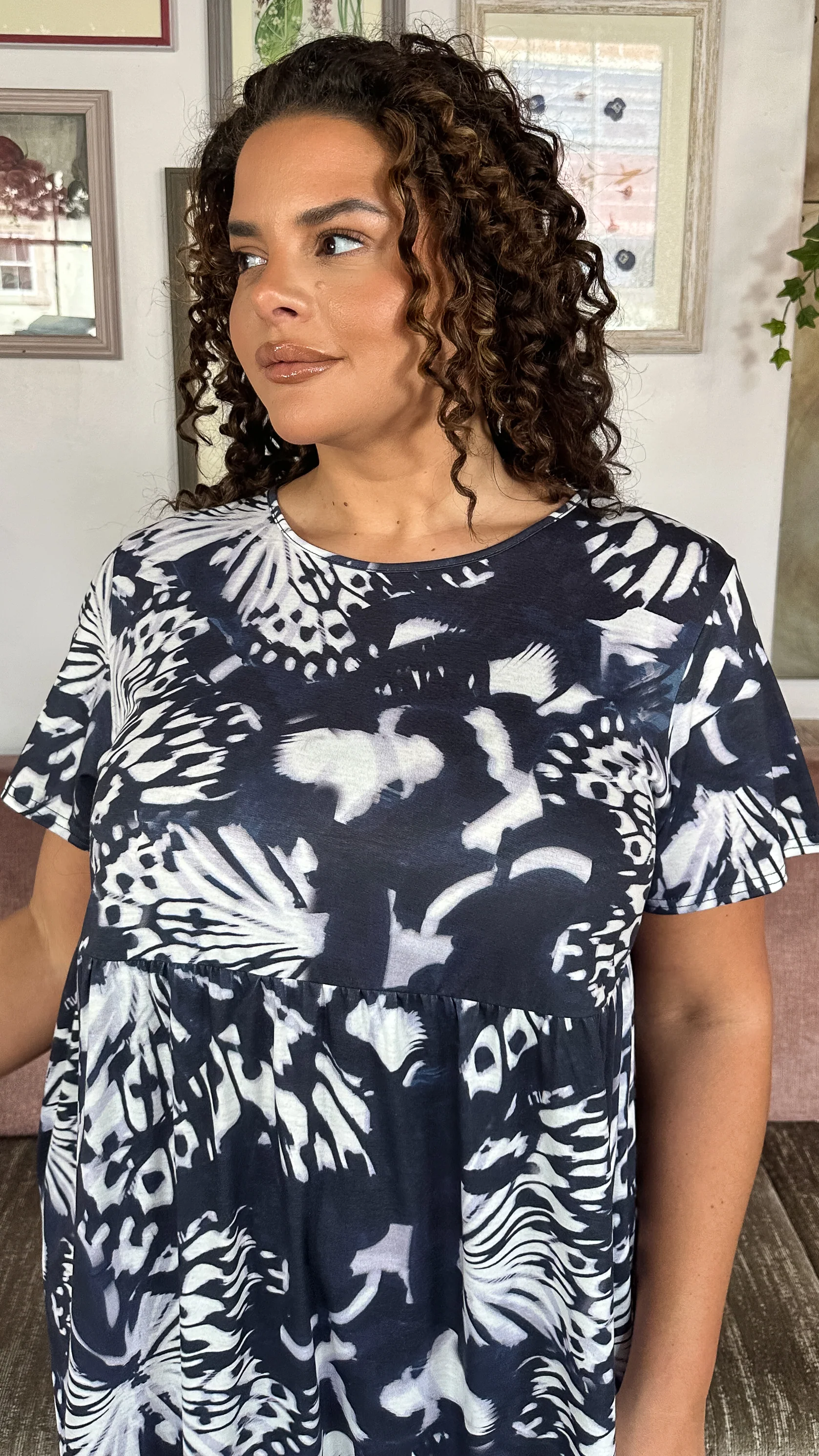 CurveWow Printed Pocket T-Shirt Dress Navy Butterfly - Image 2