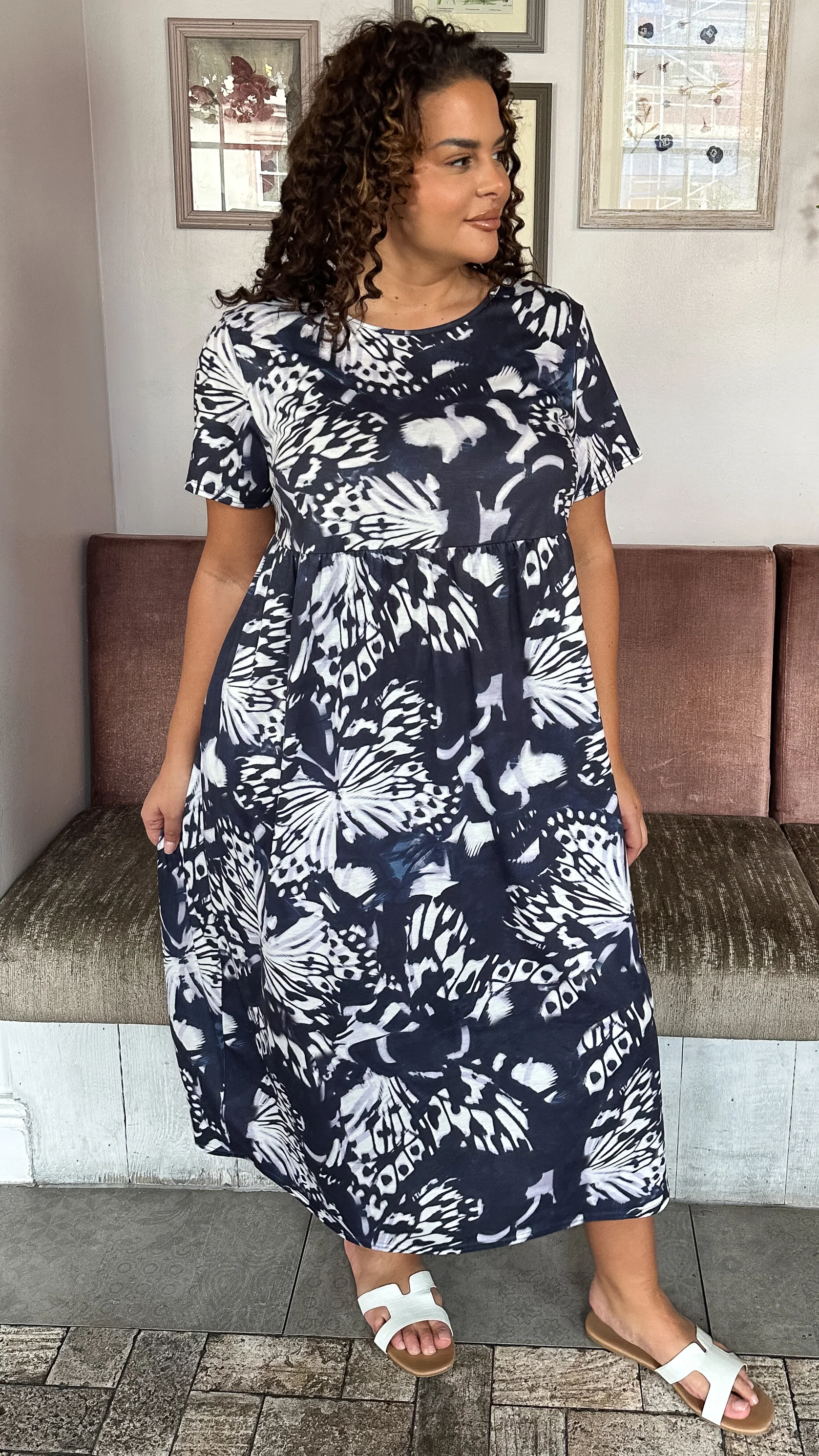 CurveWow Printed Pocket T-Shirt Dress Navy Butterfly - Image 3