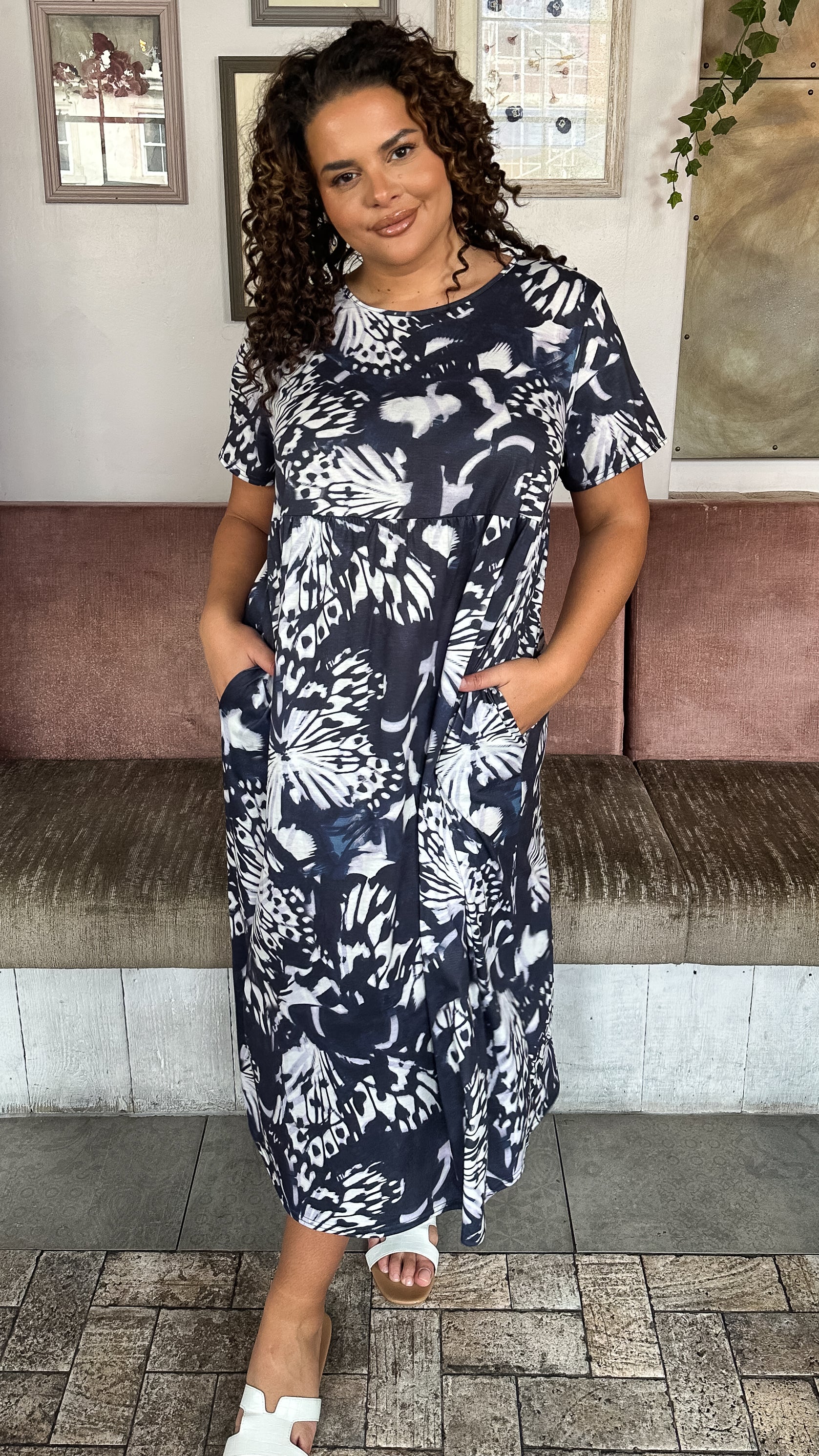 CurveWow Printed Pocket T-Shirt Dress Navy Butterfly - Image 4