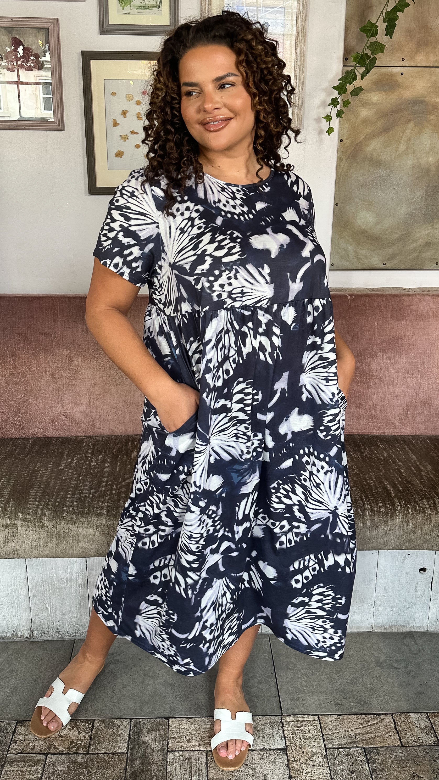 CurveWow Printed Pocket T-Shirt Dress Navy Butterfly - Image 5