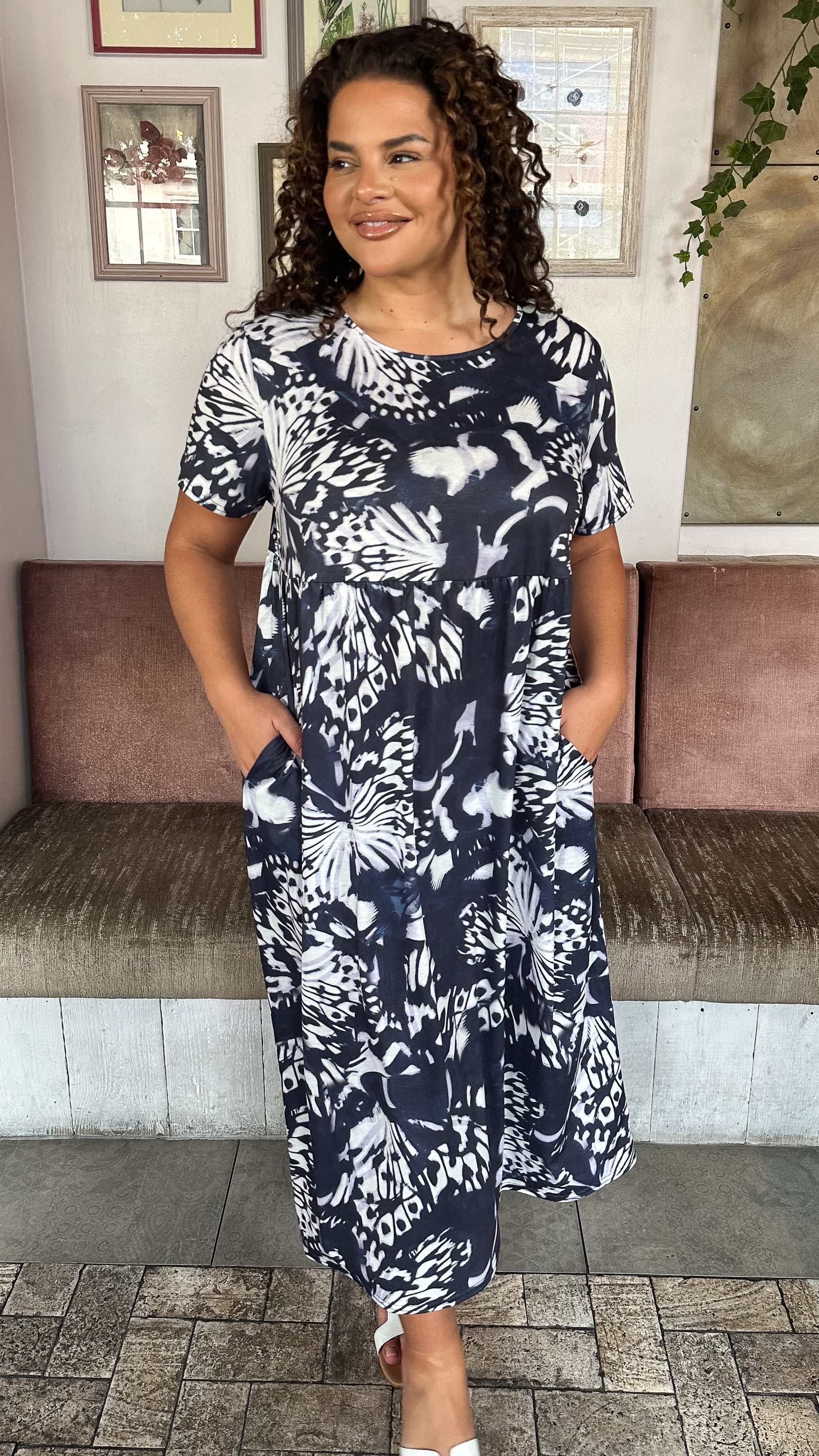 CurveWow Printed Pocket T-Shirt Dress Navy Butterfly - Image 6