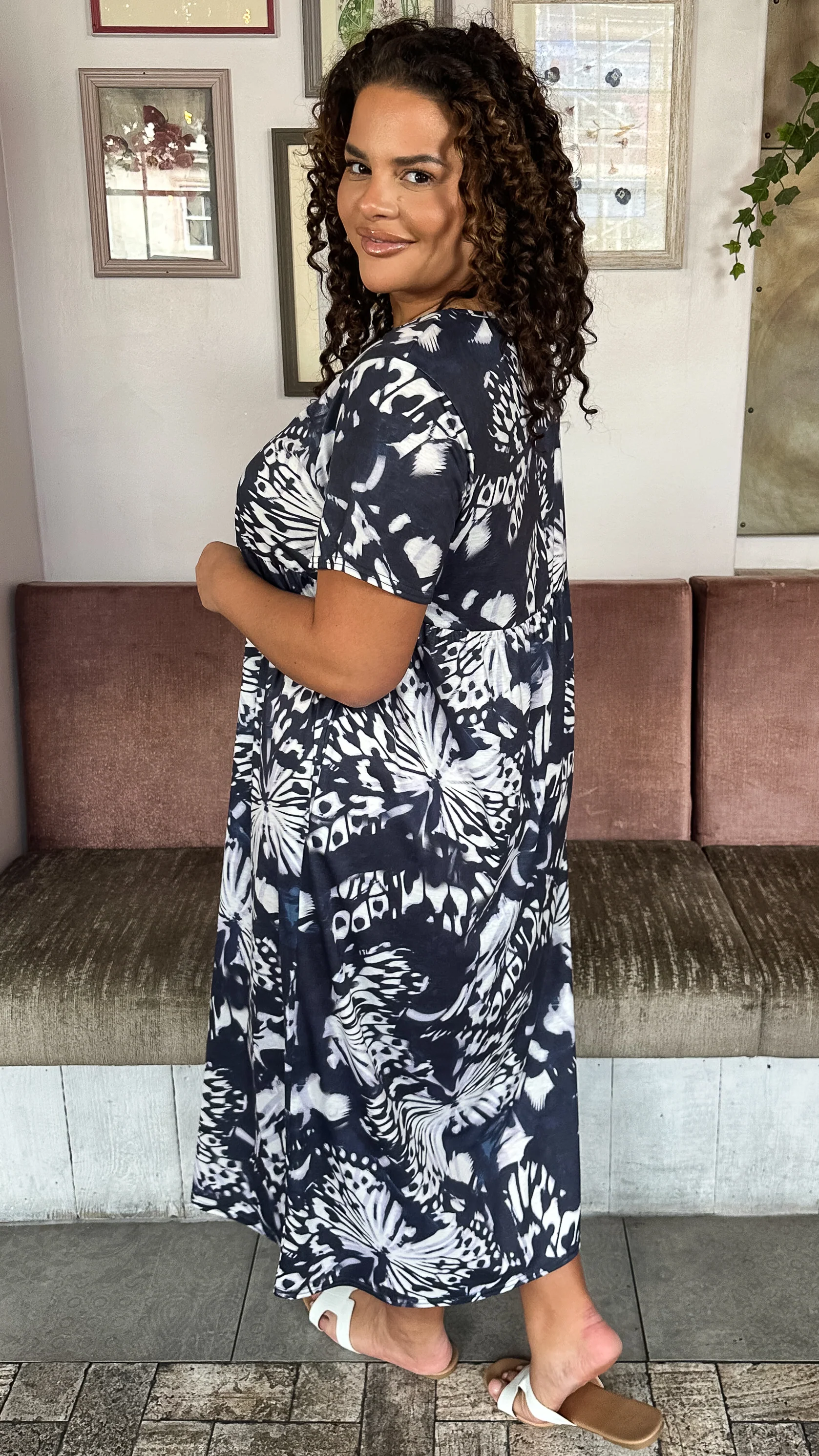 CurveWow Printed Pocket T-Shirt Dress Navy Butterfly - Image 8