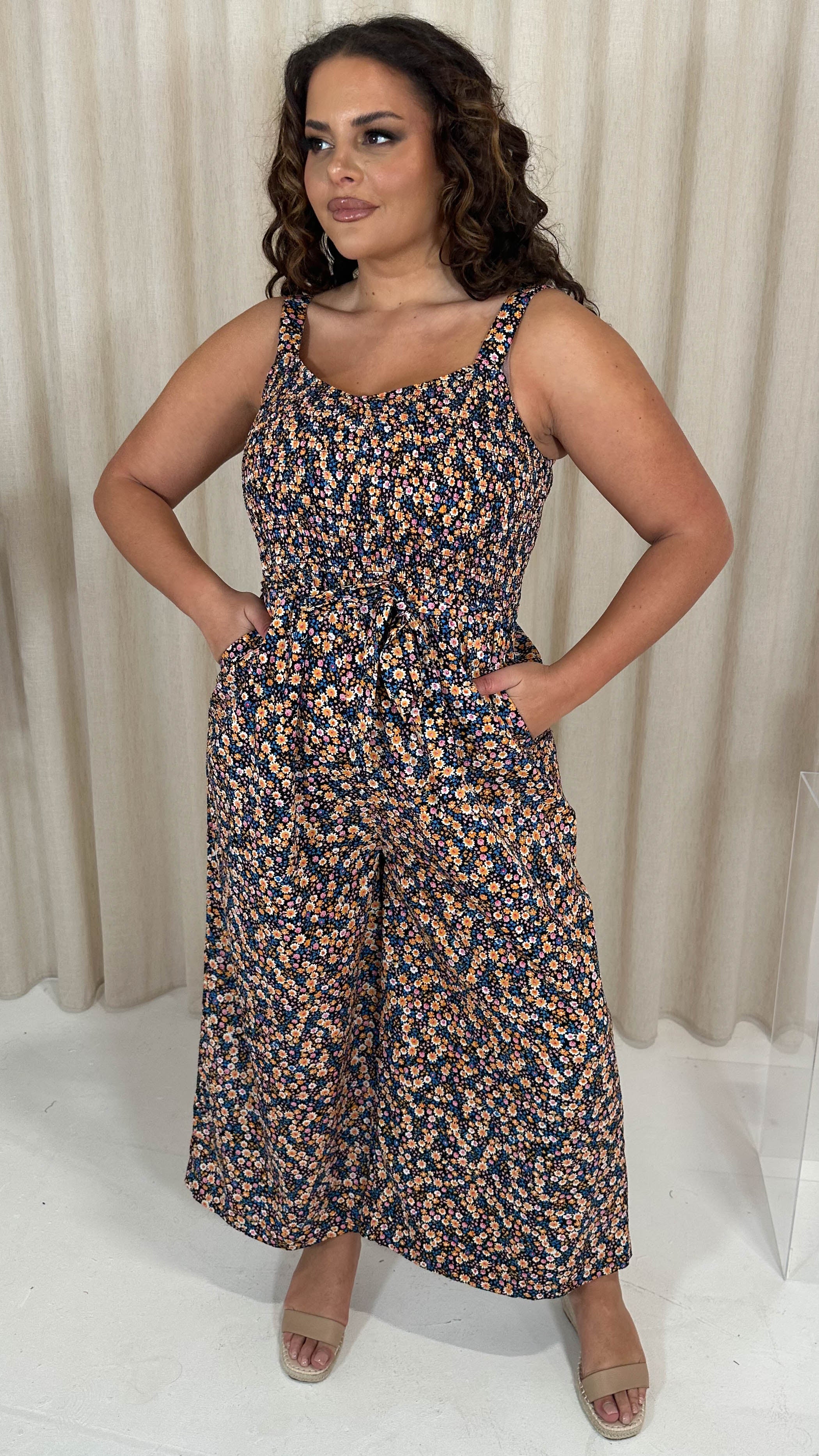 CurveWow Printed Shirred Cami Jumpsuit Multi Floral - Image 4