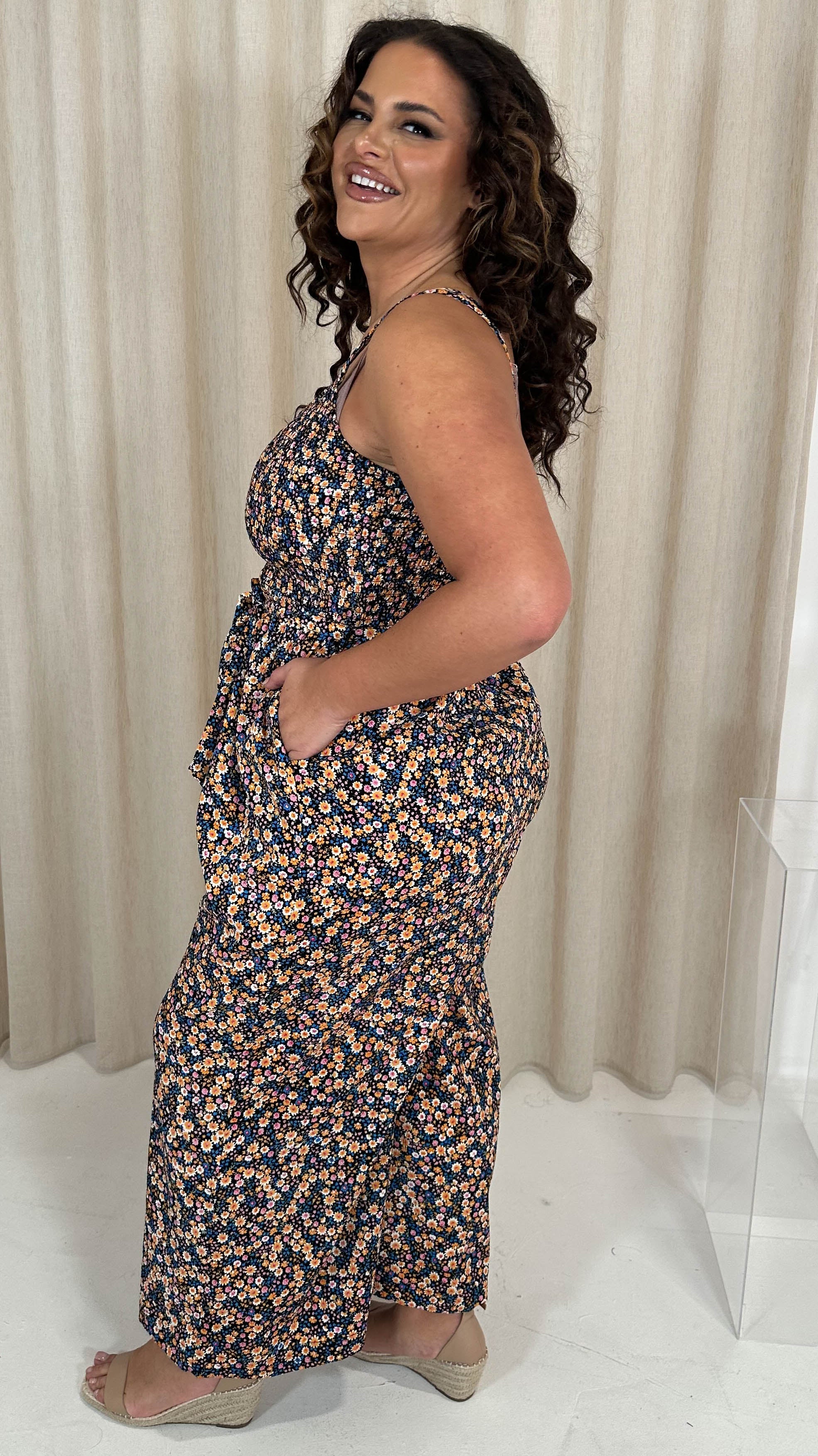 CurveWow Printed Shirred Cami Jumpsuit Multi Floral - Image 6