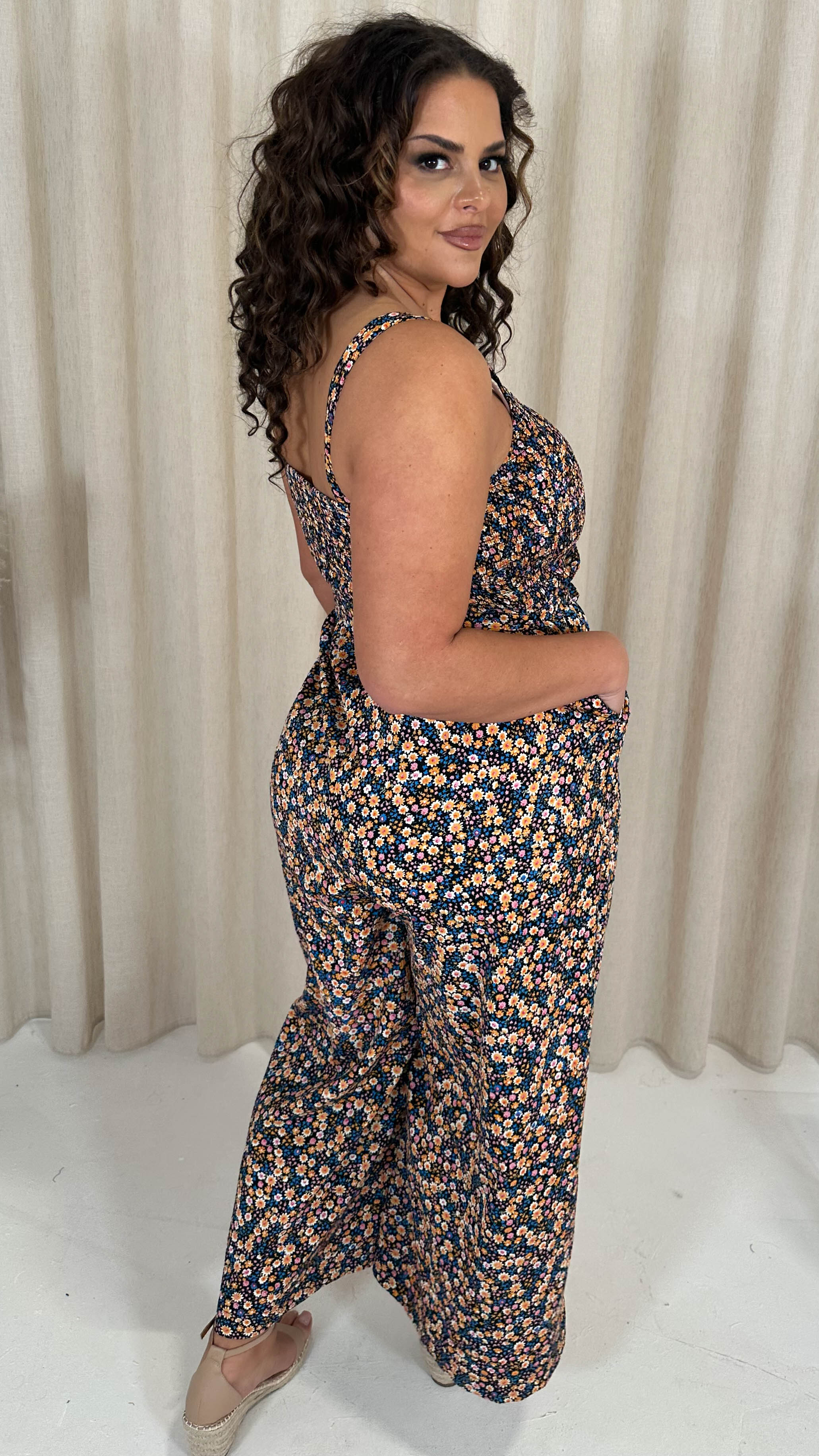 CurveWow Printed Shirred Cami Jumpsuit Multi Floral - Image 7