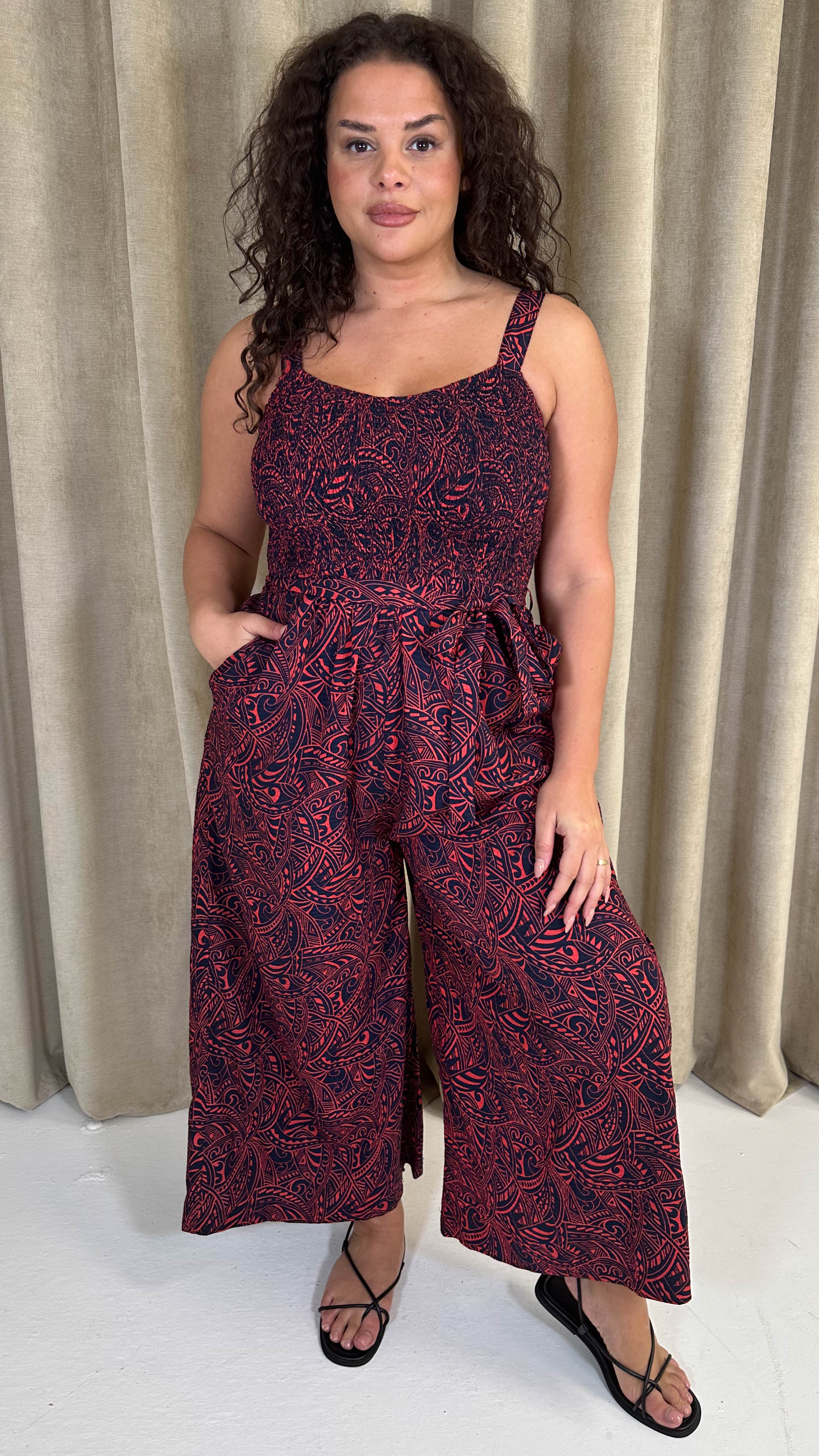 CurveWow Printed Shirred Cami Jumpsuit Red & Navy Print - Image 5