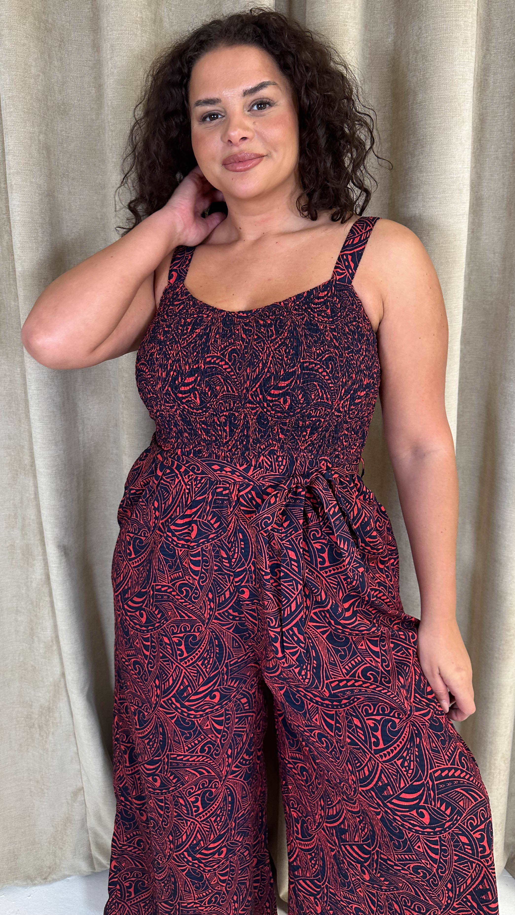 CurveWow Printed Shirred Cami Jumpsuit Red & Navy Print - Image 7
