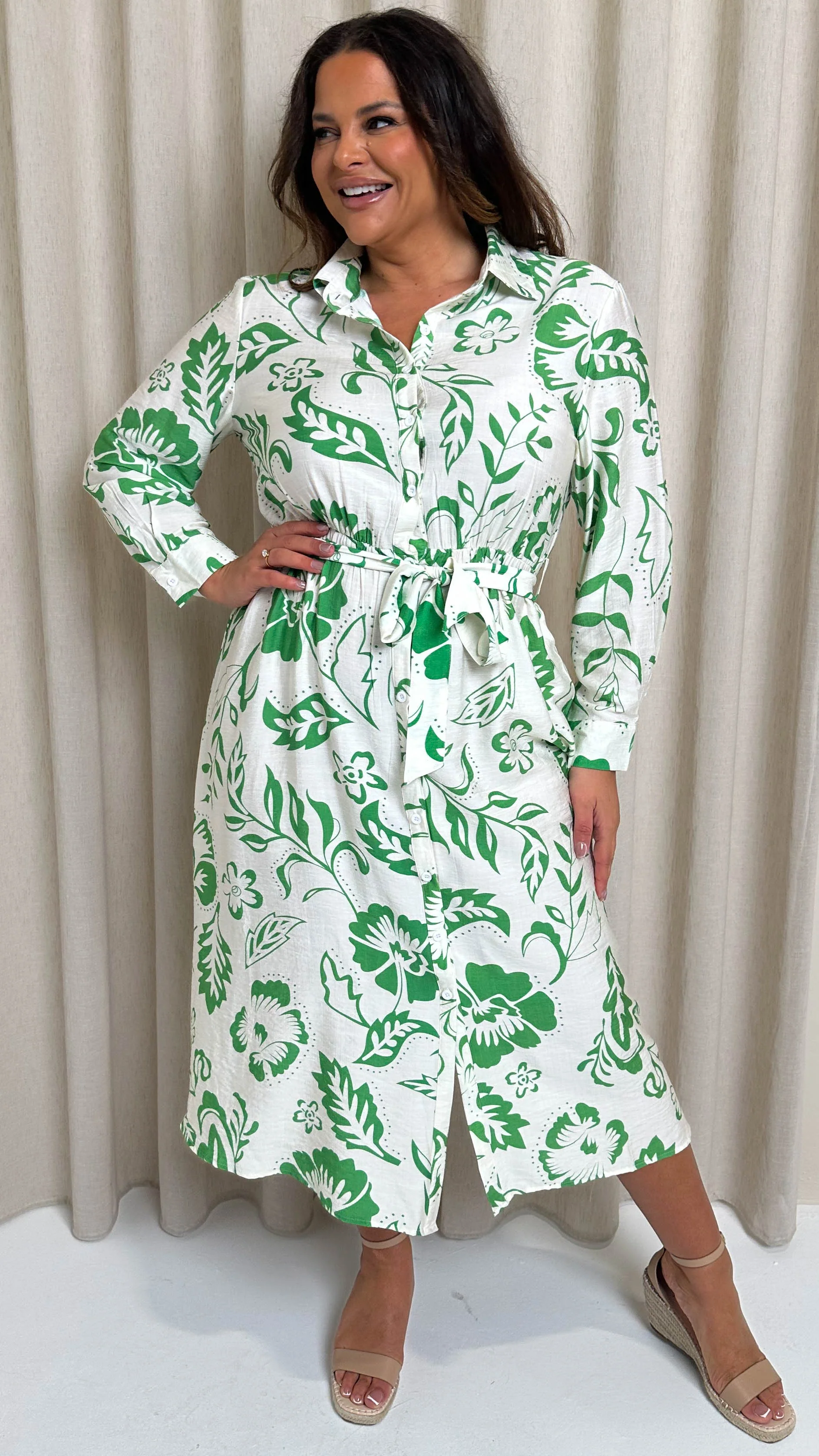 CurveWow Printed Shirt Midaxi Dress Green Floral - Image 6