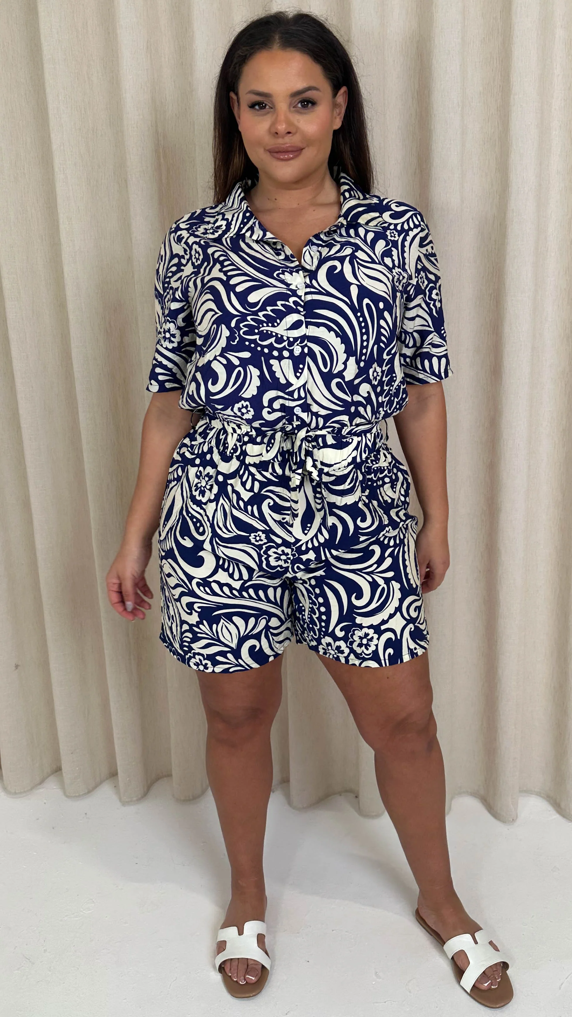 CurveWow Printed Shirt Playsuit Blue Tile - Image 4