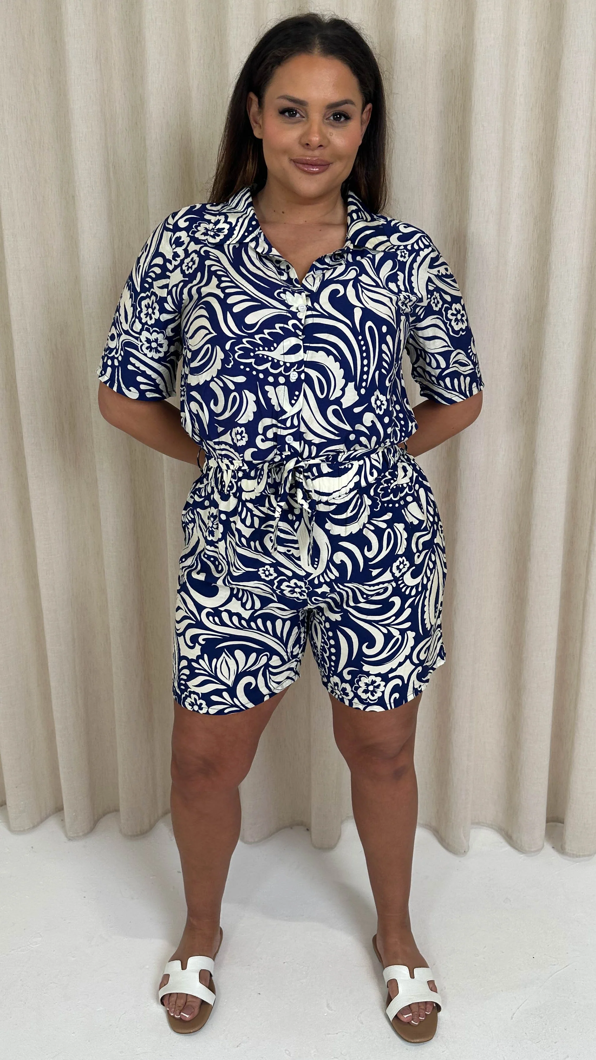 CurveWow Printed Shirt Playsuit Blue Tile - Image 5