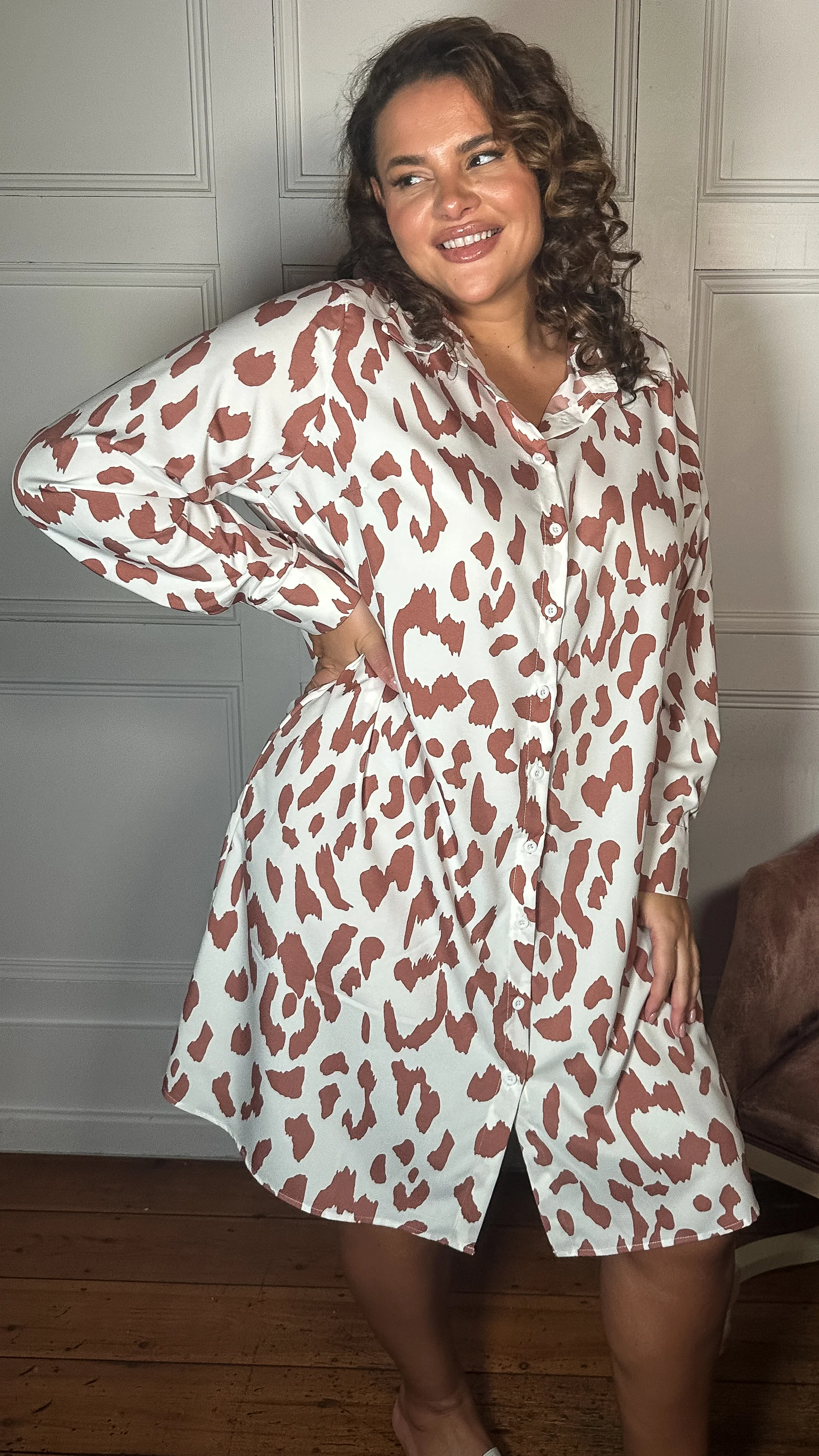 CurveWow Printed Shirt Dress White Animal