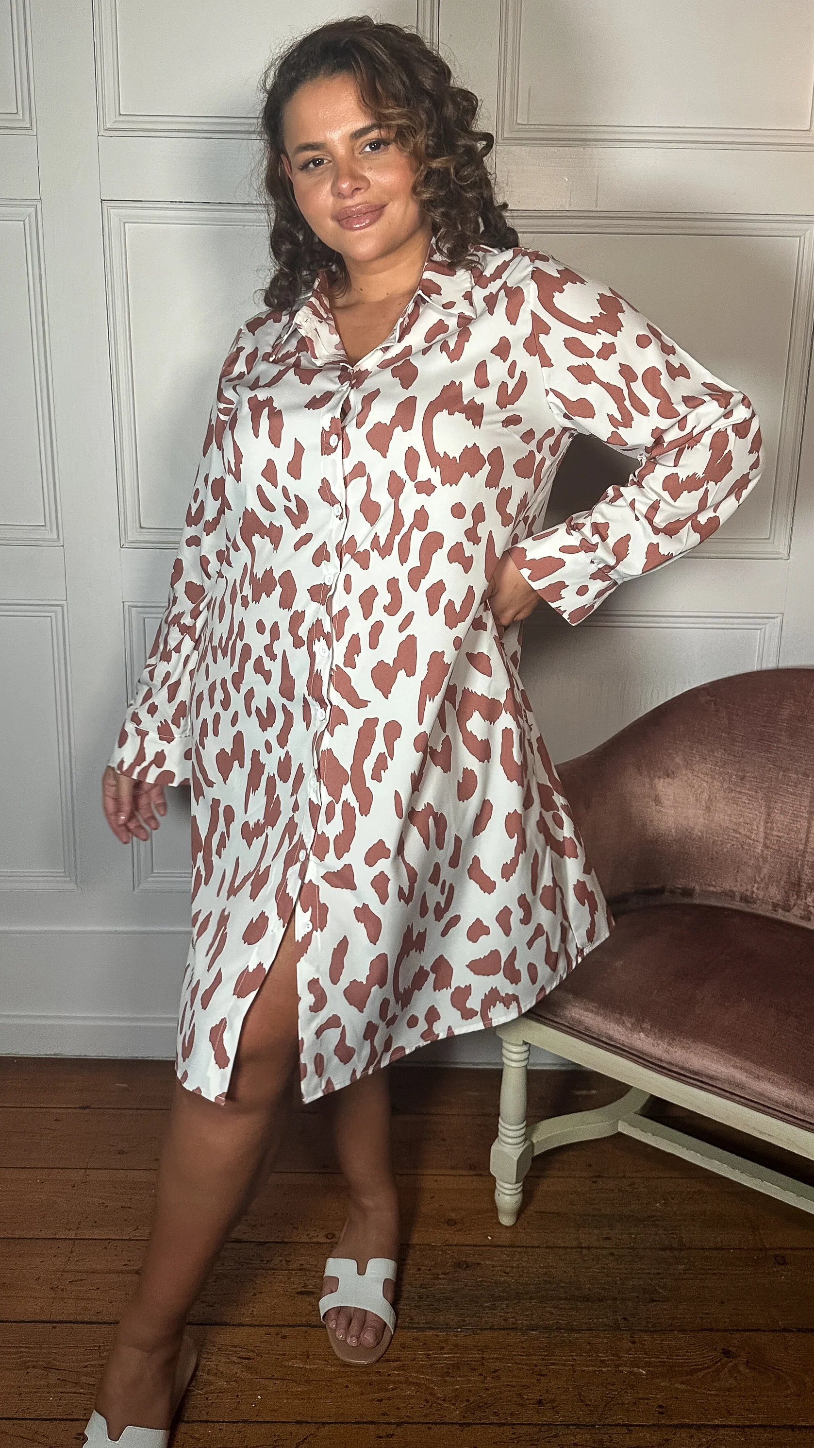 CurveWow Printed Shirt Dress White Animal - Image 2
