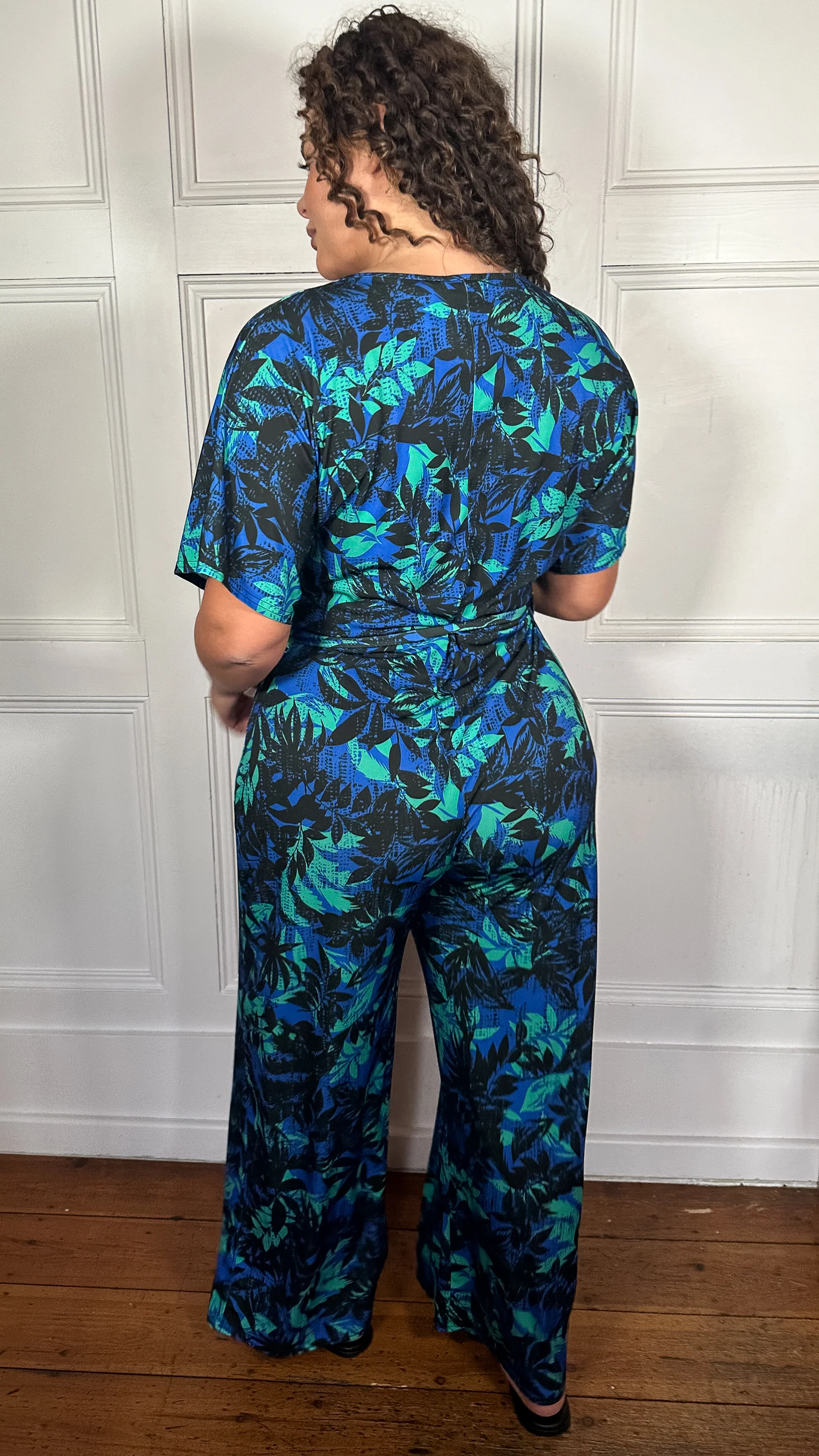 CurveWow Printed Slinky Wrap Jumpsuit Green Tropical - Image 4