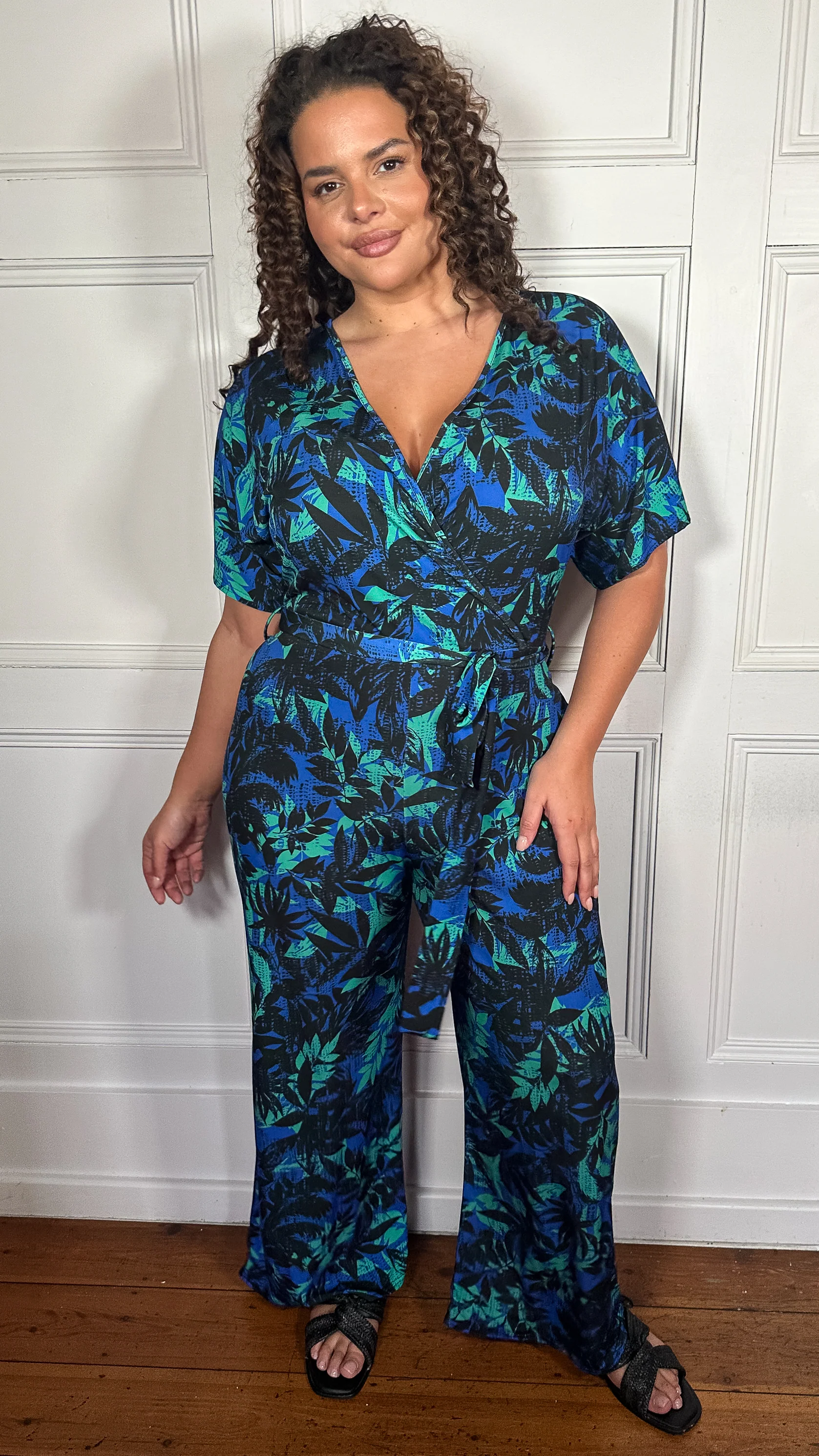 CurveWow Printed Slinky Wrap Jumpsuit Green Tropical - Image 5