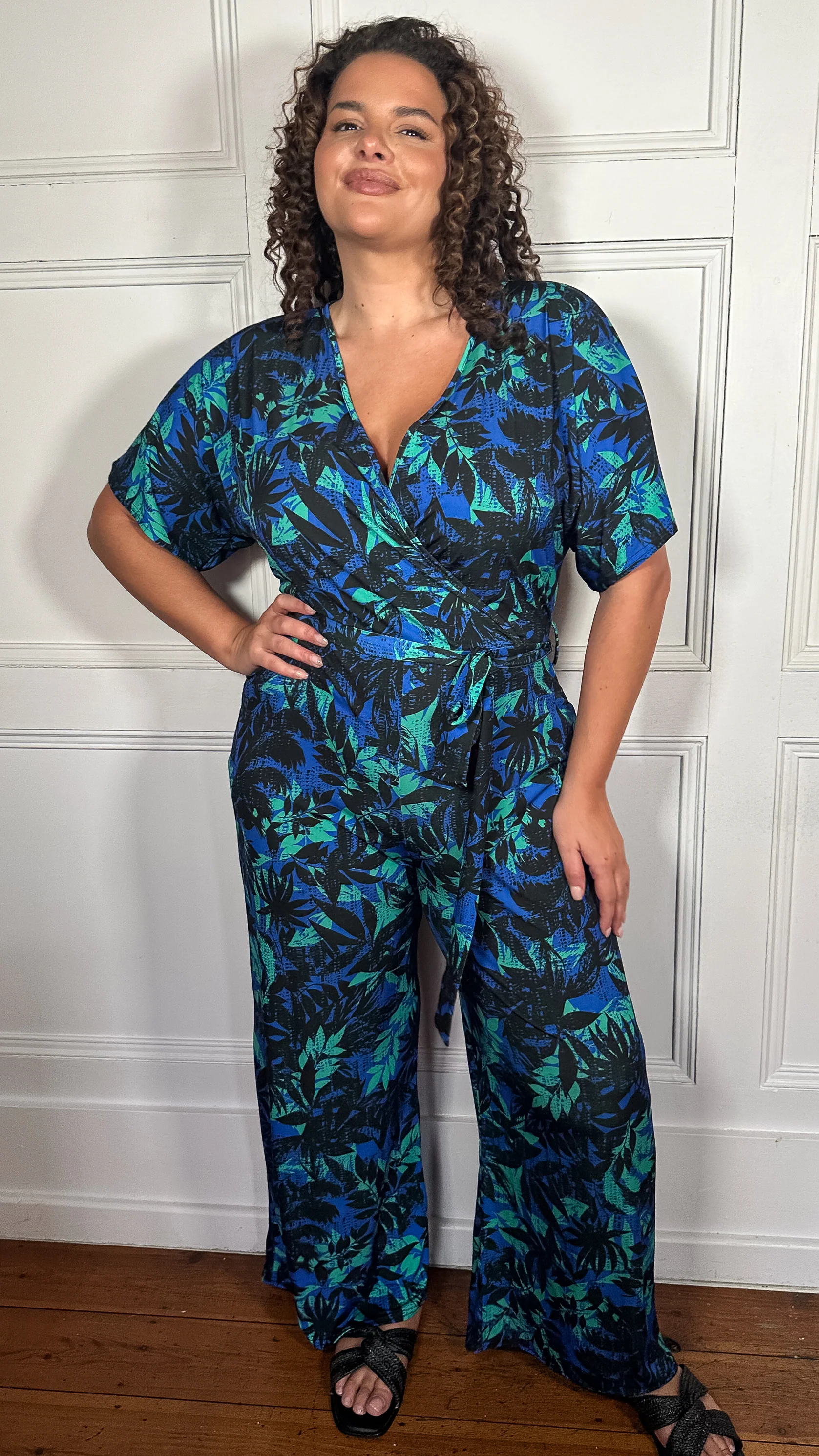 CurveWow Printed Slinky Wrap Jumpsuit Green Tropical - Image 6