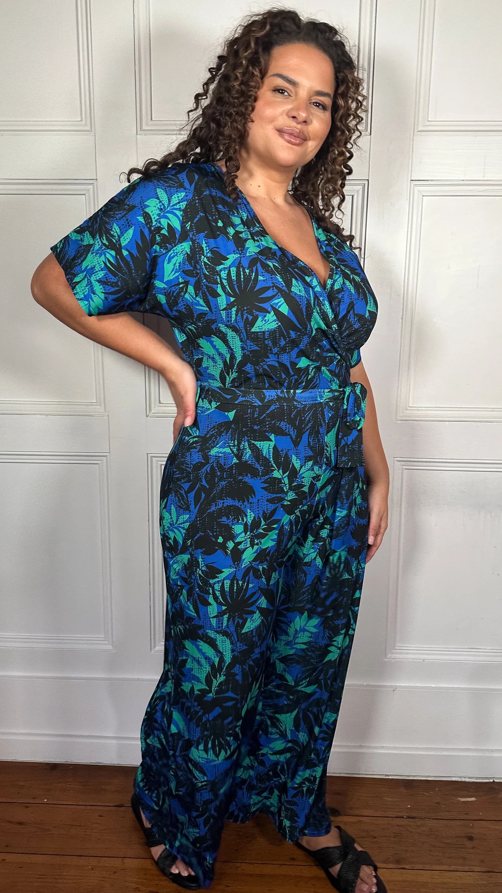 CurveWow Printed Slinky Wrap Jumpsuit Green Tropical - Image 7