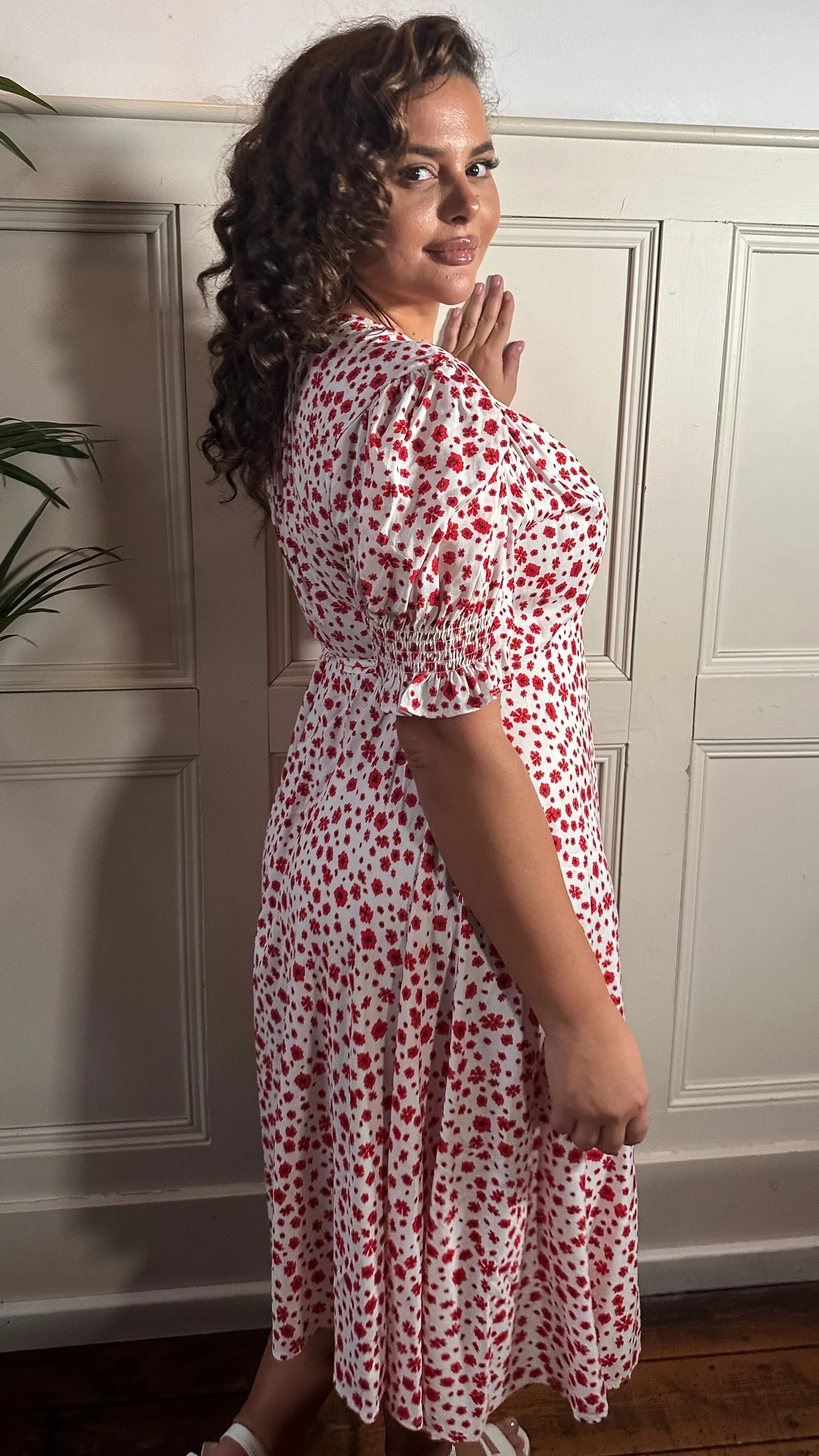 CurveWow Printed Puff Sleeve Wrap Midi Dress Red Floral - Image 6
