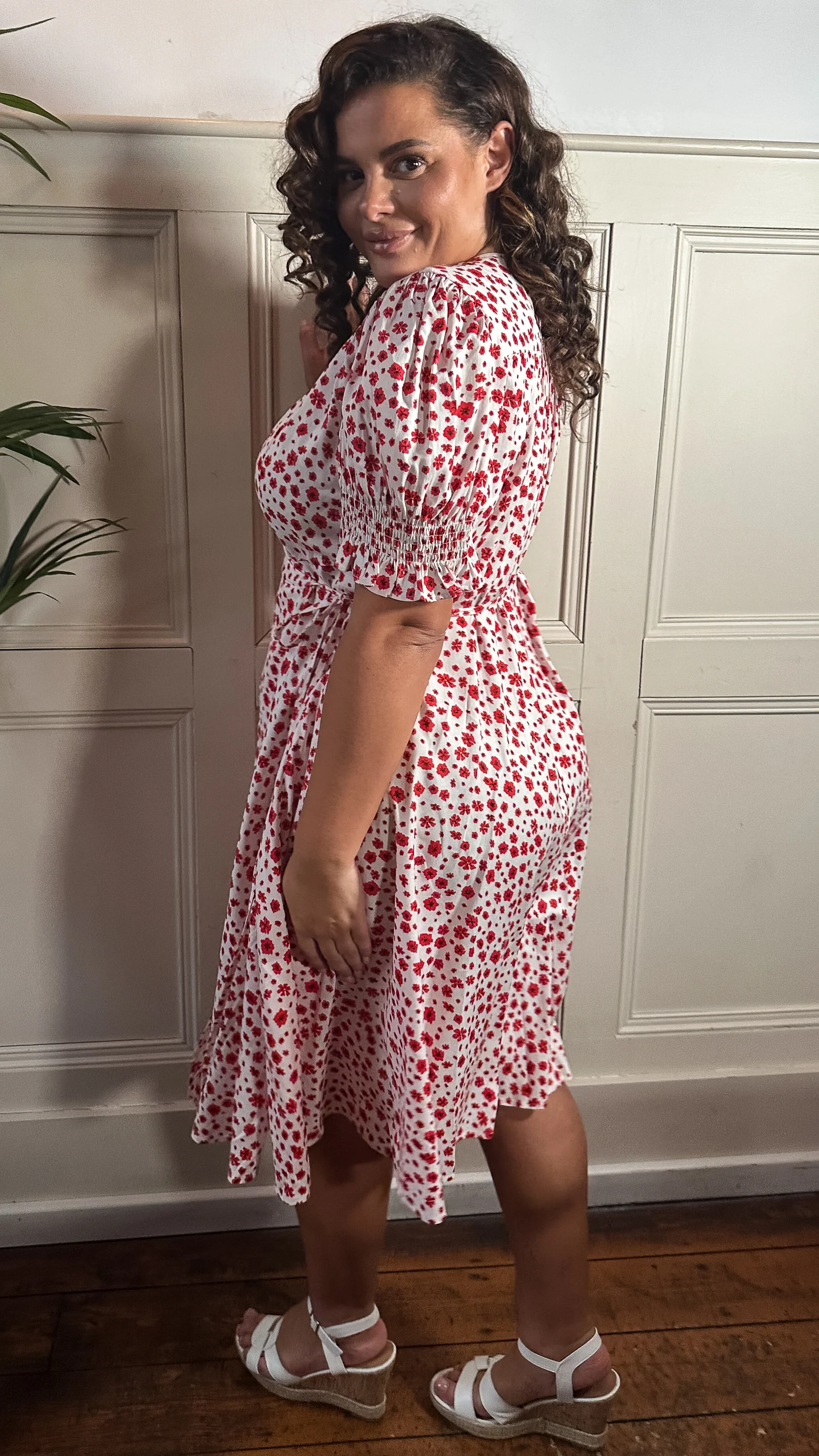 CurveWow Printed Puff Sleeve Wrap Midi Dress Red Floral - Image 7