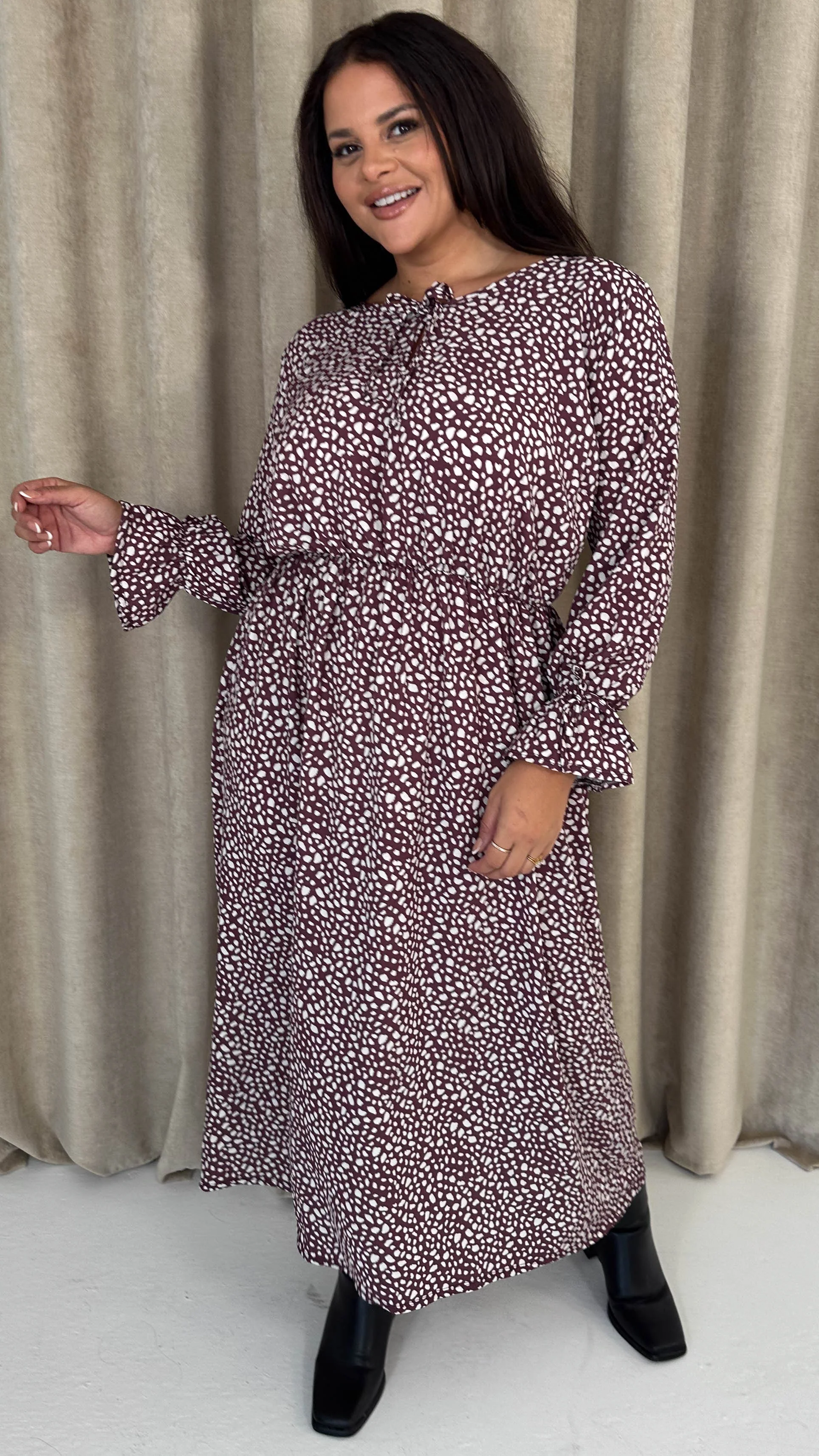 CurveWow Tie Cuff Midaxi Dress Plum Animal - Image 3