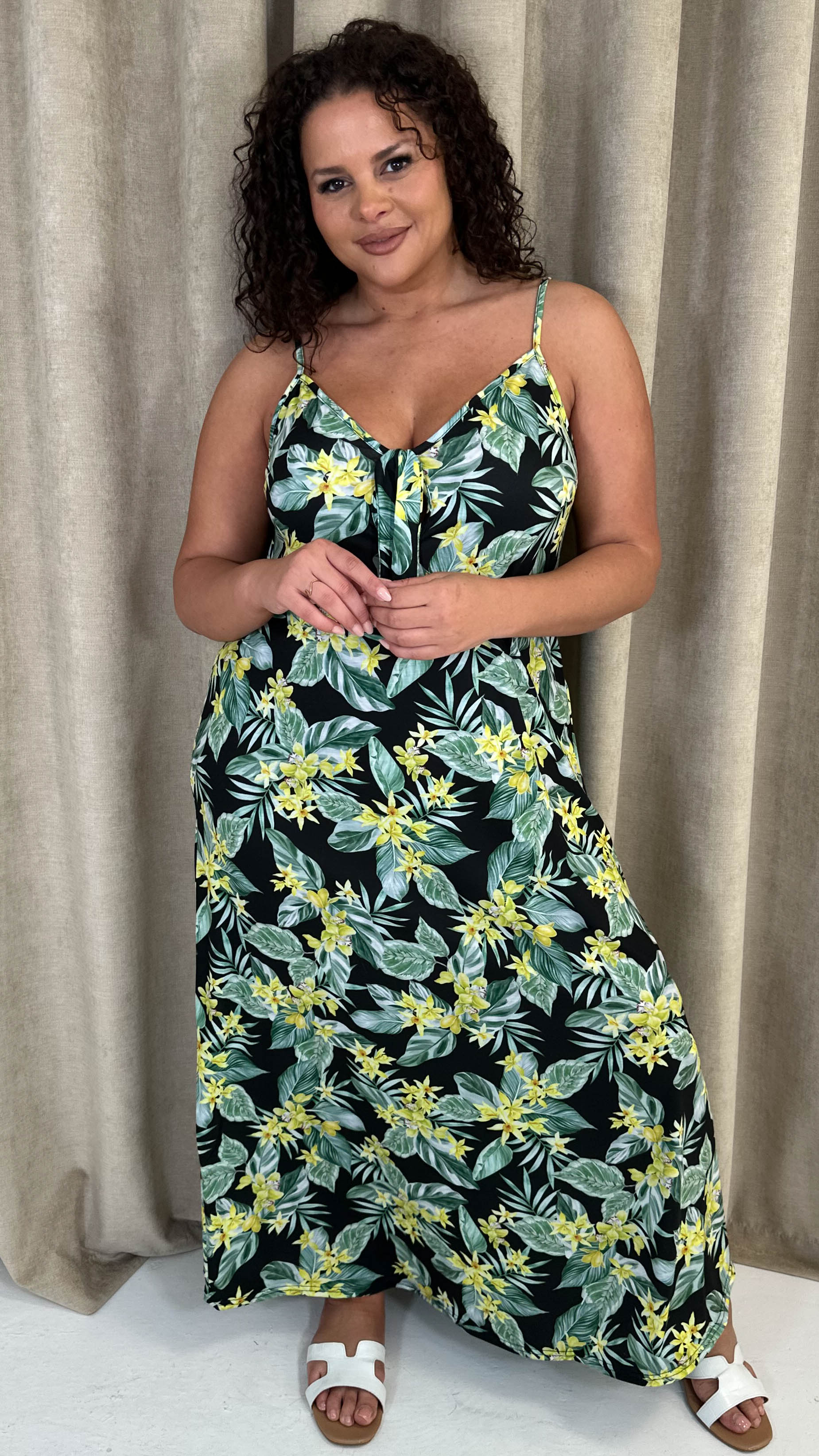 CurveWow Printed Tie Front Maxi Dress Green Floral - Image 8