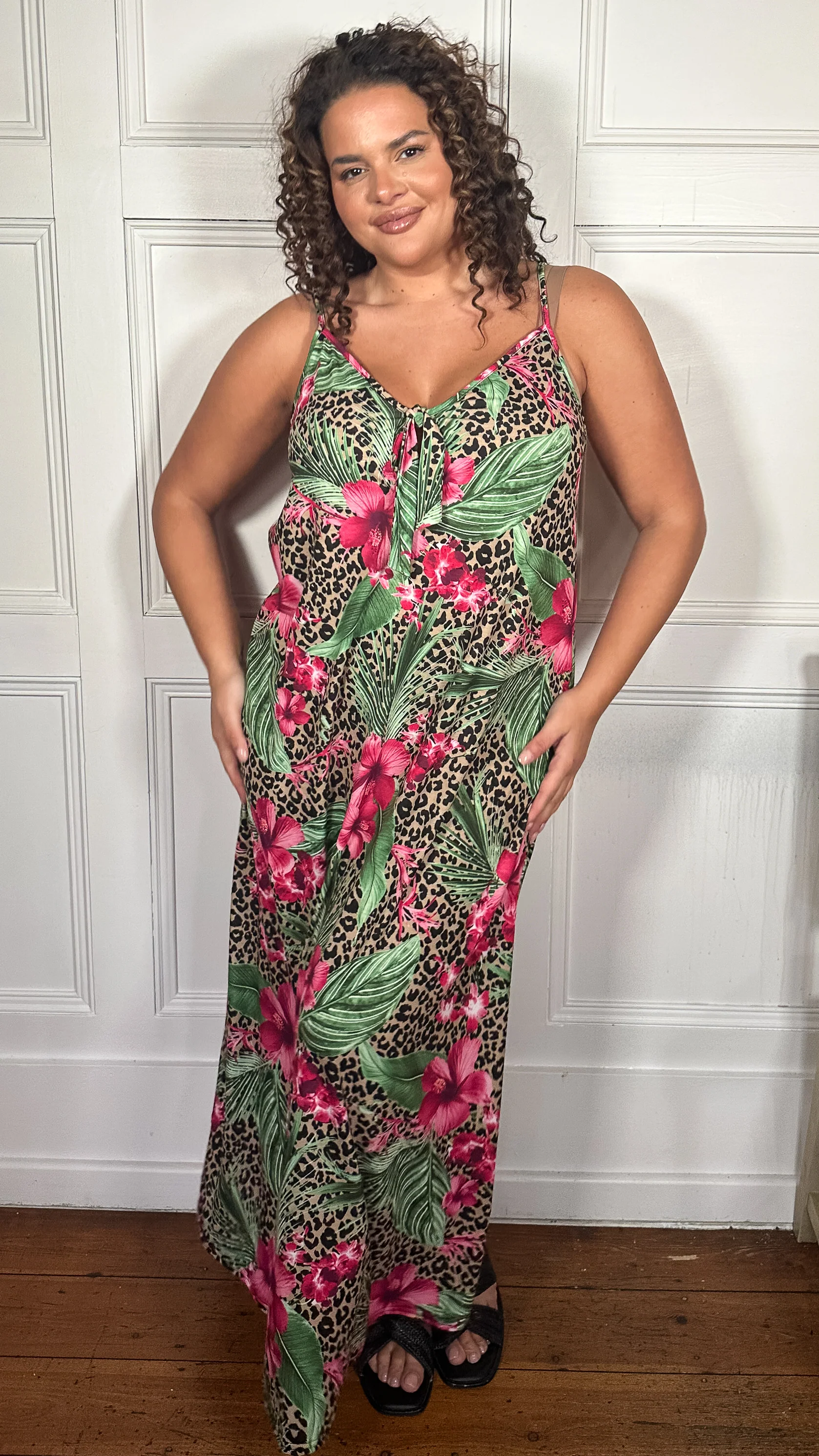 CurveWow Printed Tie Front Maxi Dress Leopard Floral - Image 5