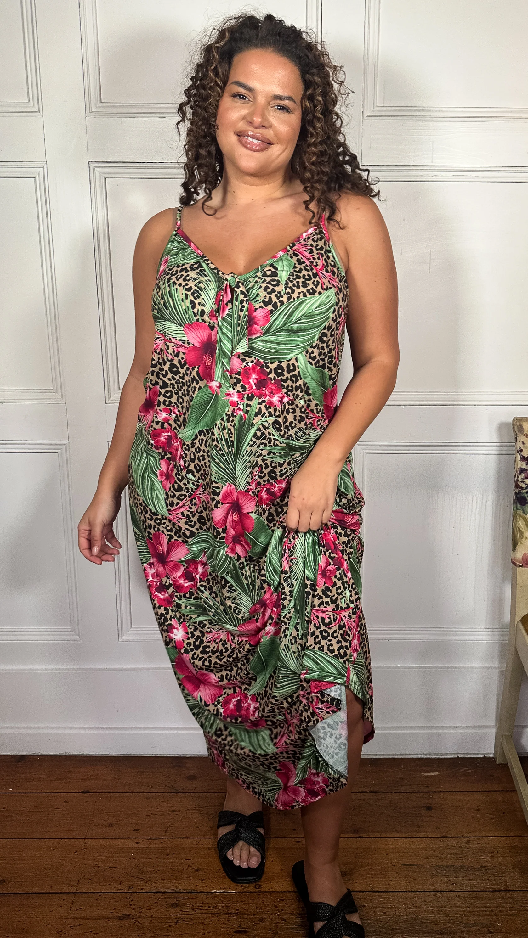 CurveWow Printed Tie Front Maxi Dress Leopard Floral - Image 6