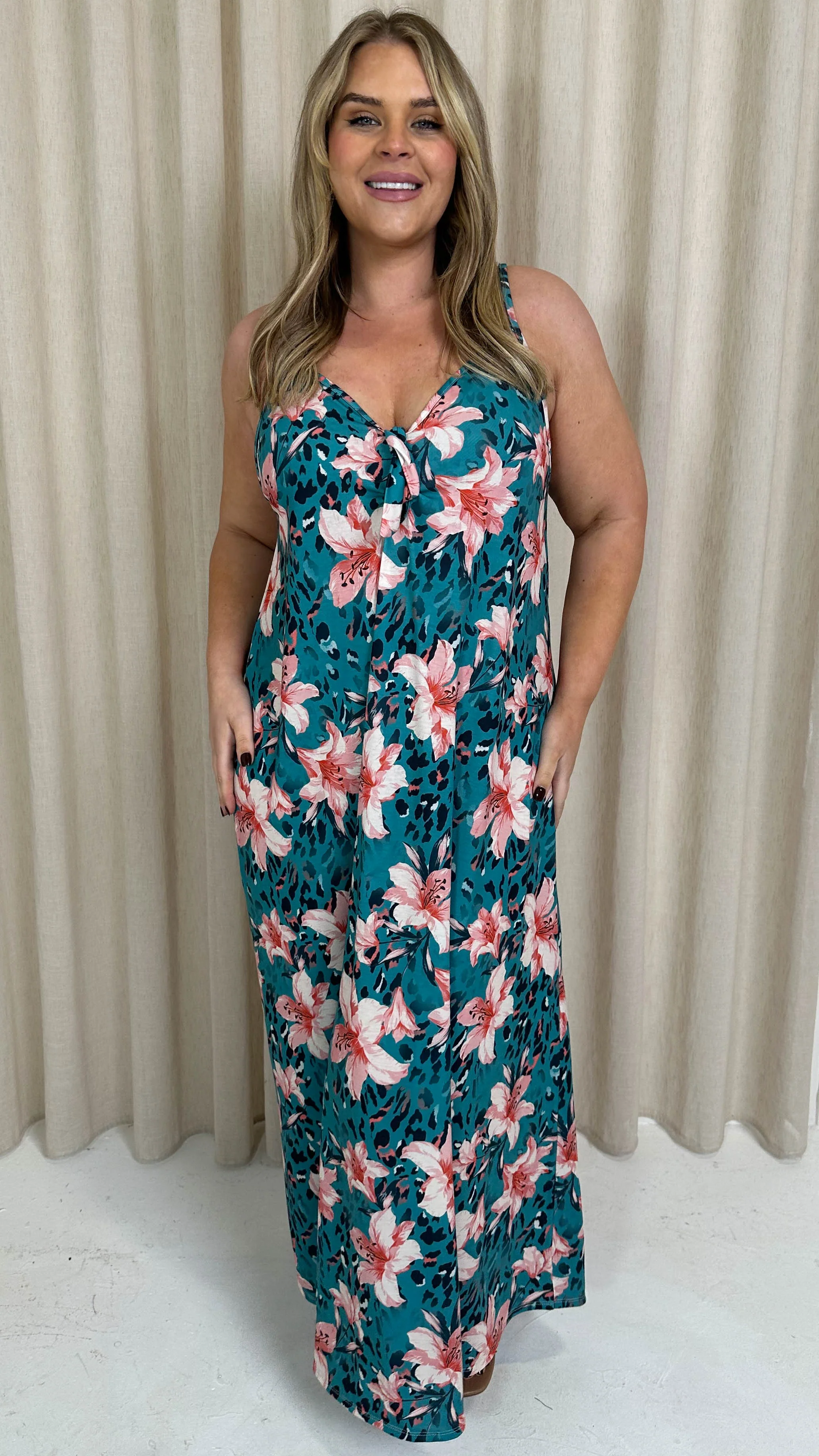 CurveWow Printed Tie Front Maxi Dress Teal Animal Floral - Image 7