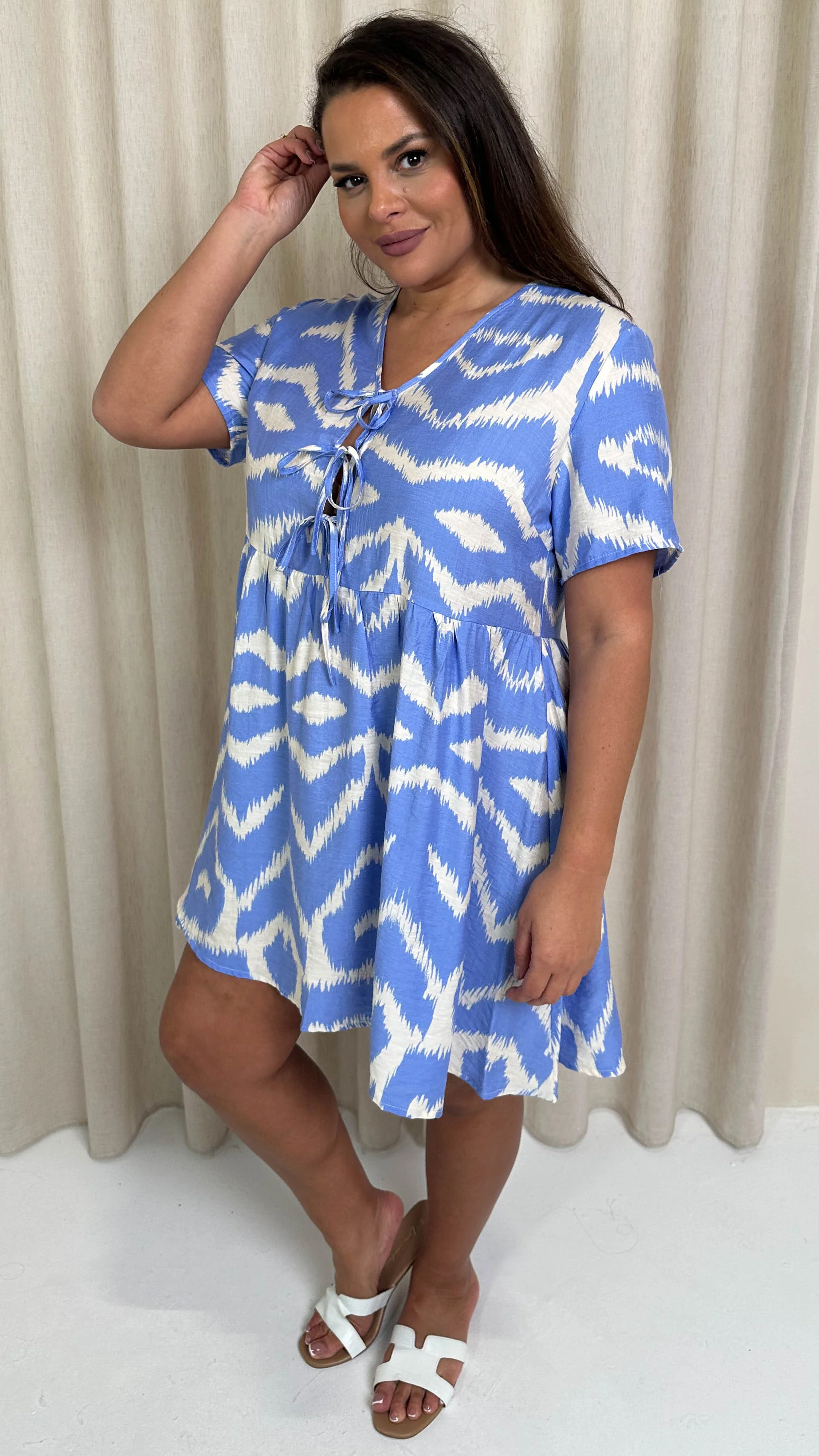 CurveWow Printed Tie Front Smock Dress Blue Aztec - Image 4