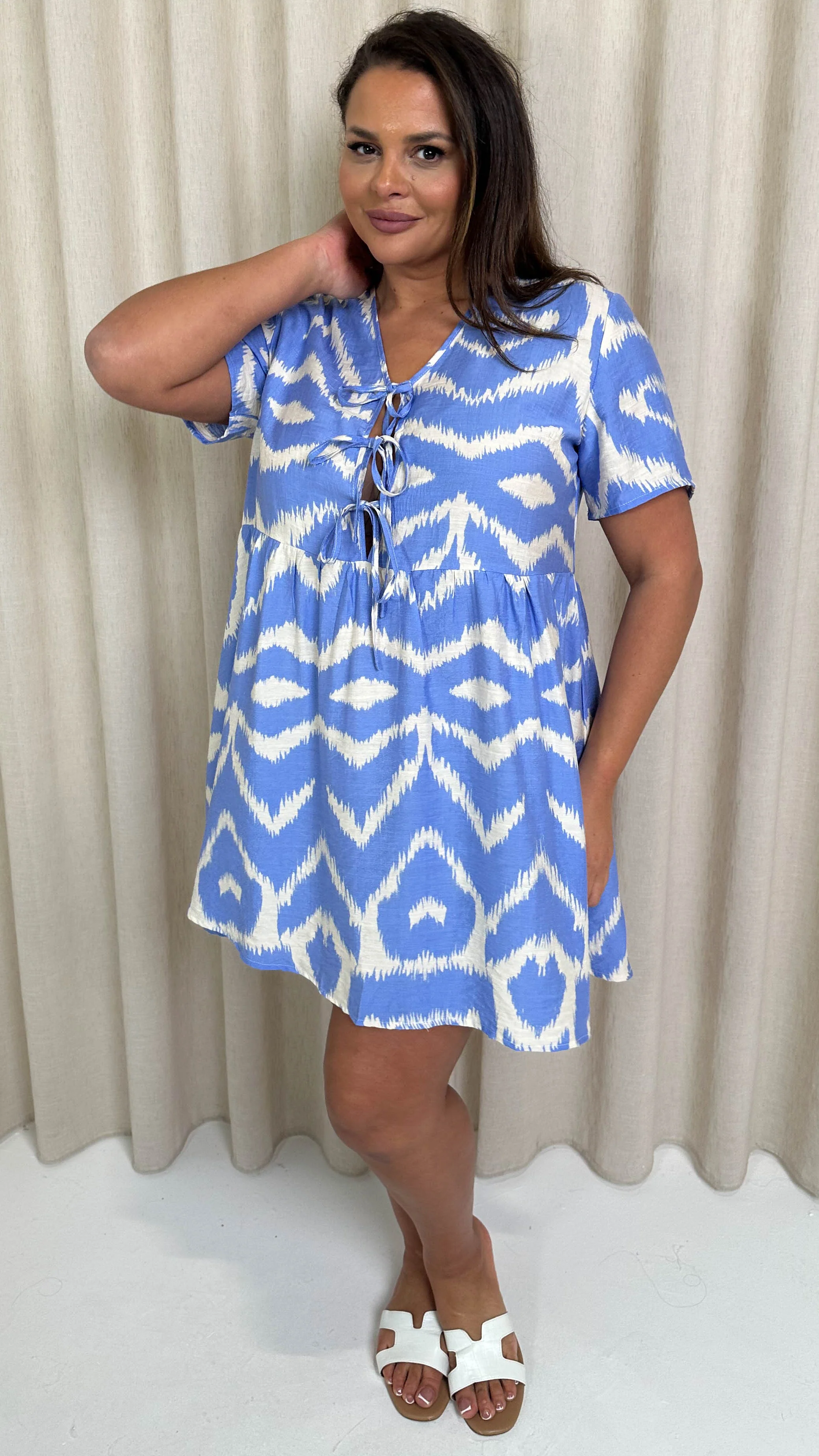 CurveWow Printed Tie Front Smock Dress Blue Aztec - Image 6